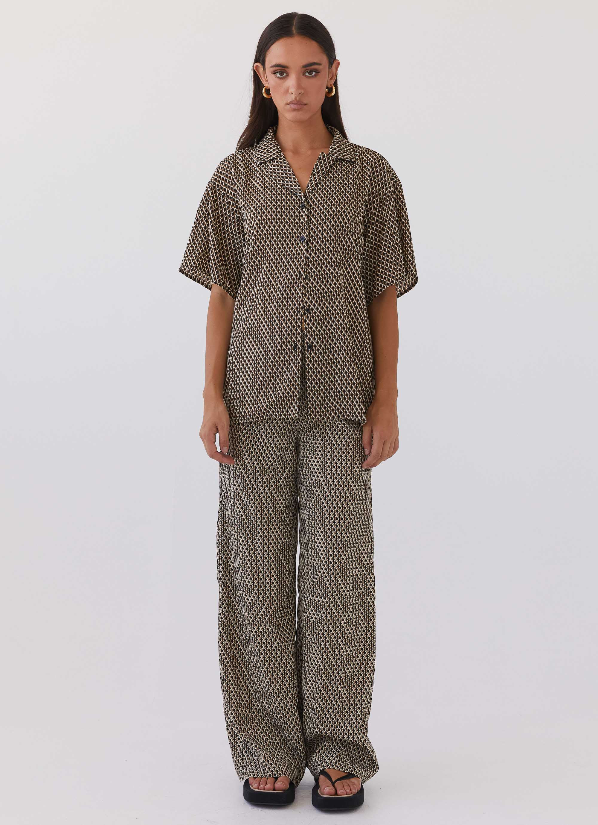 Bruno Oversized Shirt for Women - Brown Geometric Print Long Sleeve Button Down Blouse | Casual Office Wear, Layering Piece & Street Style Fashion