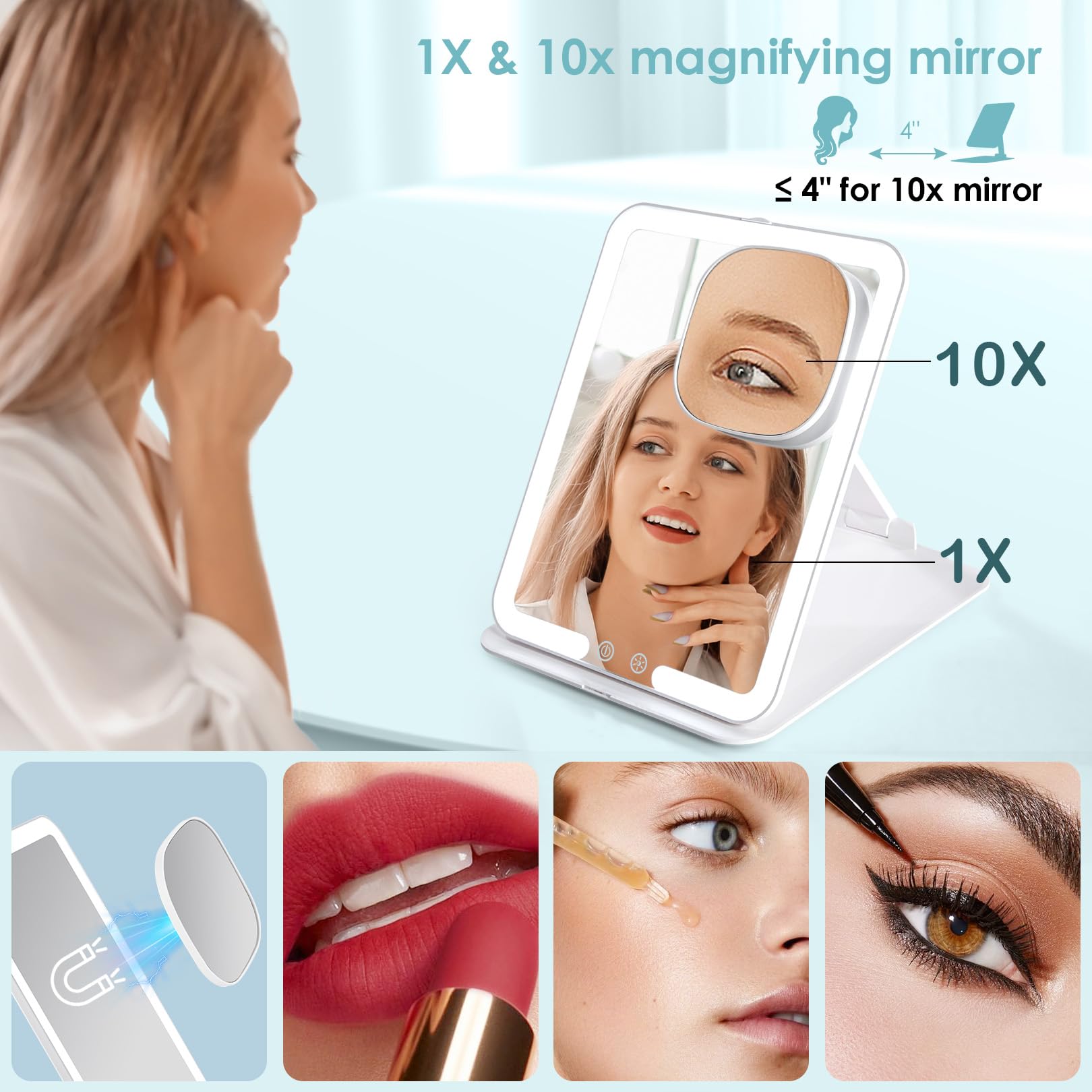 Rechargeable 10X Magnifying Travel Makeup Mirror with LED Lights - Adjustable Foldable Stand for Home & Travel