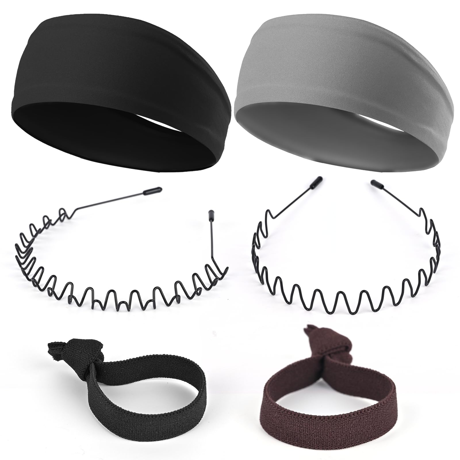 Men's & Women's Metal Headband Set - 6-Piece Wavy Spring Headbands in Neutral Black for Running, Cycling, Yoga & Outdoor Sports - Sweat-Wicking Hair Accessories for Active Lifestyles
