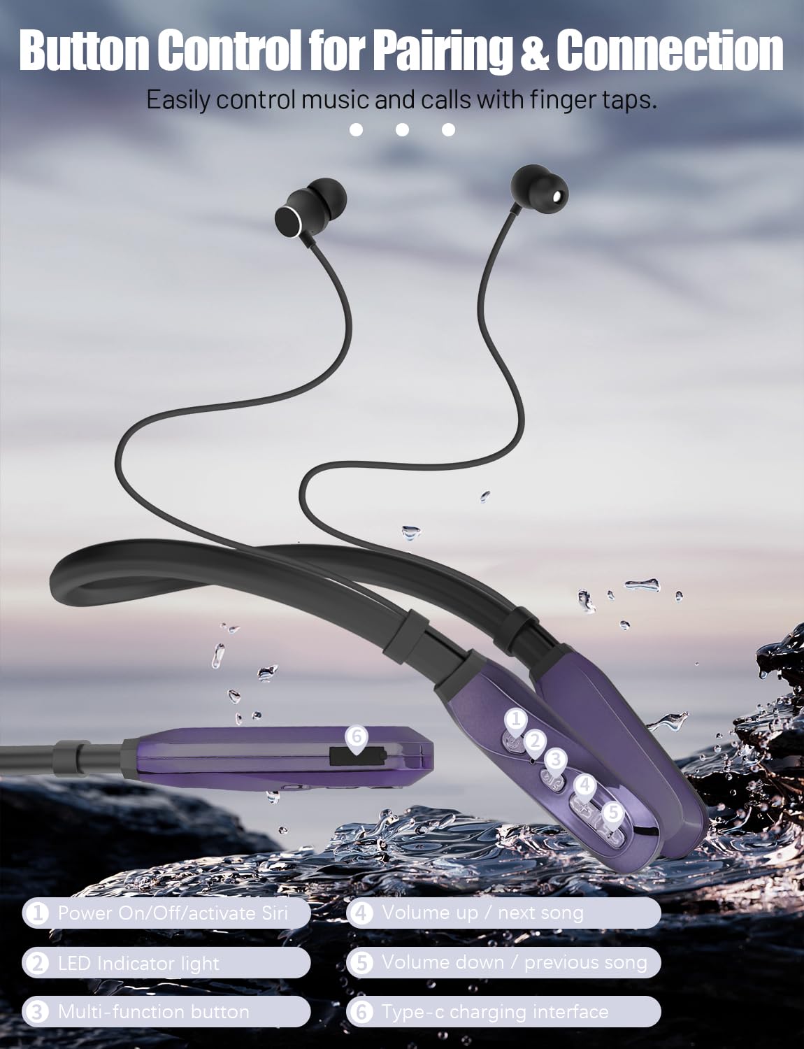 Wireless Bluetooth Neckband Headphones - 120H Playtime, Stereo Sound, Built-in Mic, IPX5 Waterproof, Comfortable In-Ear Design for Running, Gym, Workout, Office & Travel (Purple) - Perfect for Sports Enthusiasts & Busy Professionals