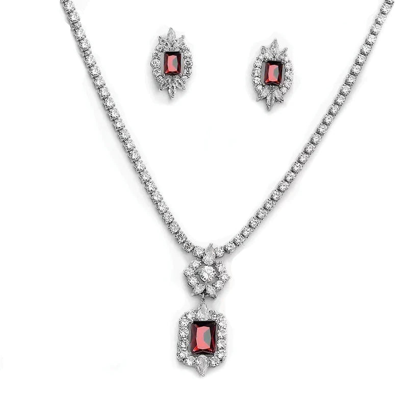 Elegant Ruby Red Crystal Necklace & Earring Set for Weddings, Parties & Special Occasions | 9176 Bridal Jewelry Collection