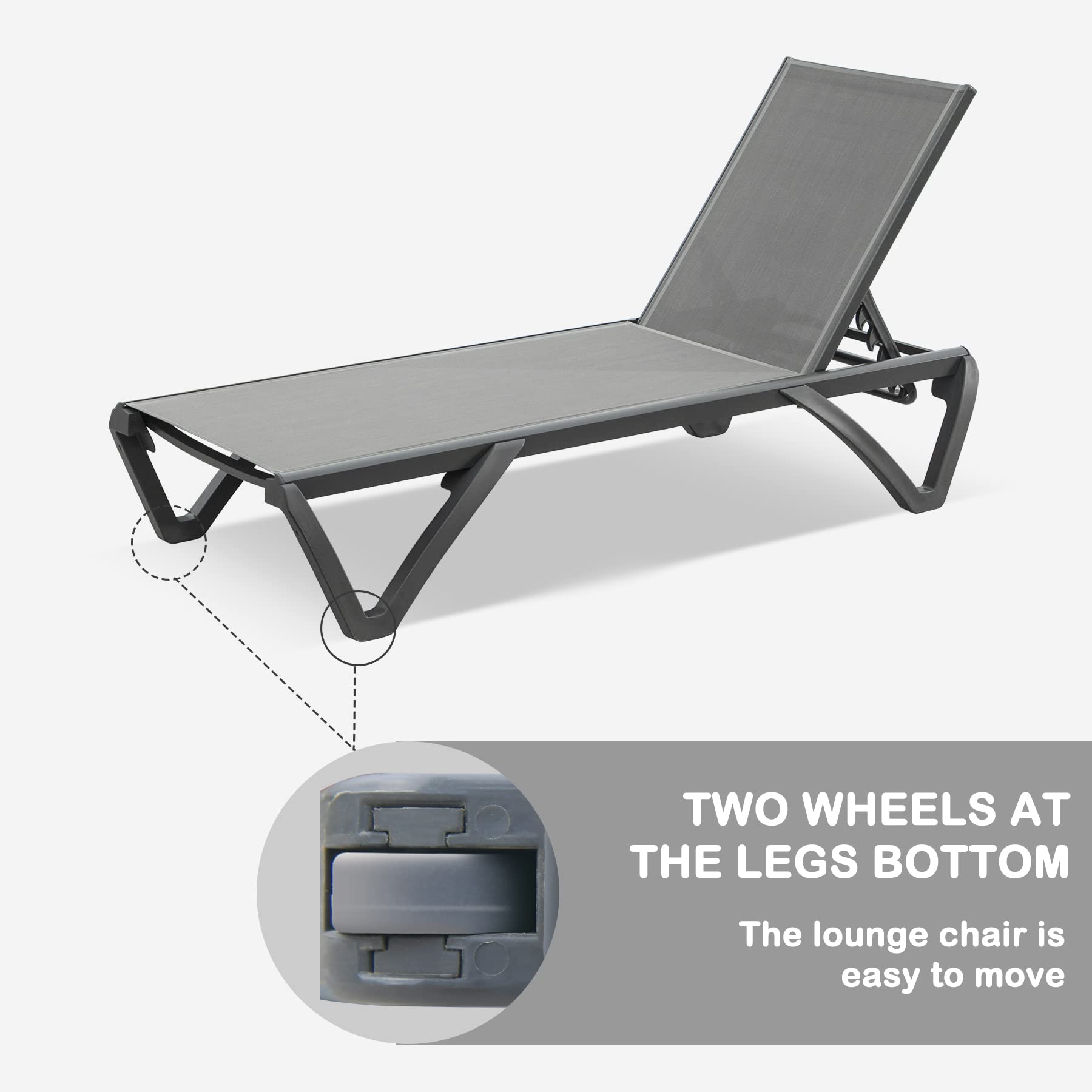 Domi Outdoor Chaise Lounge Set of 2 - Adjustable Aluminum Pool Lounge Chairs with 5 Positions, Patio Furniture for Backyard, Beach & Poolside Relaxation (Grey, Table Not Included)