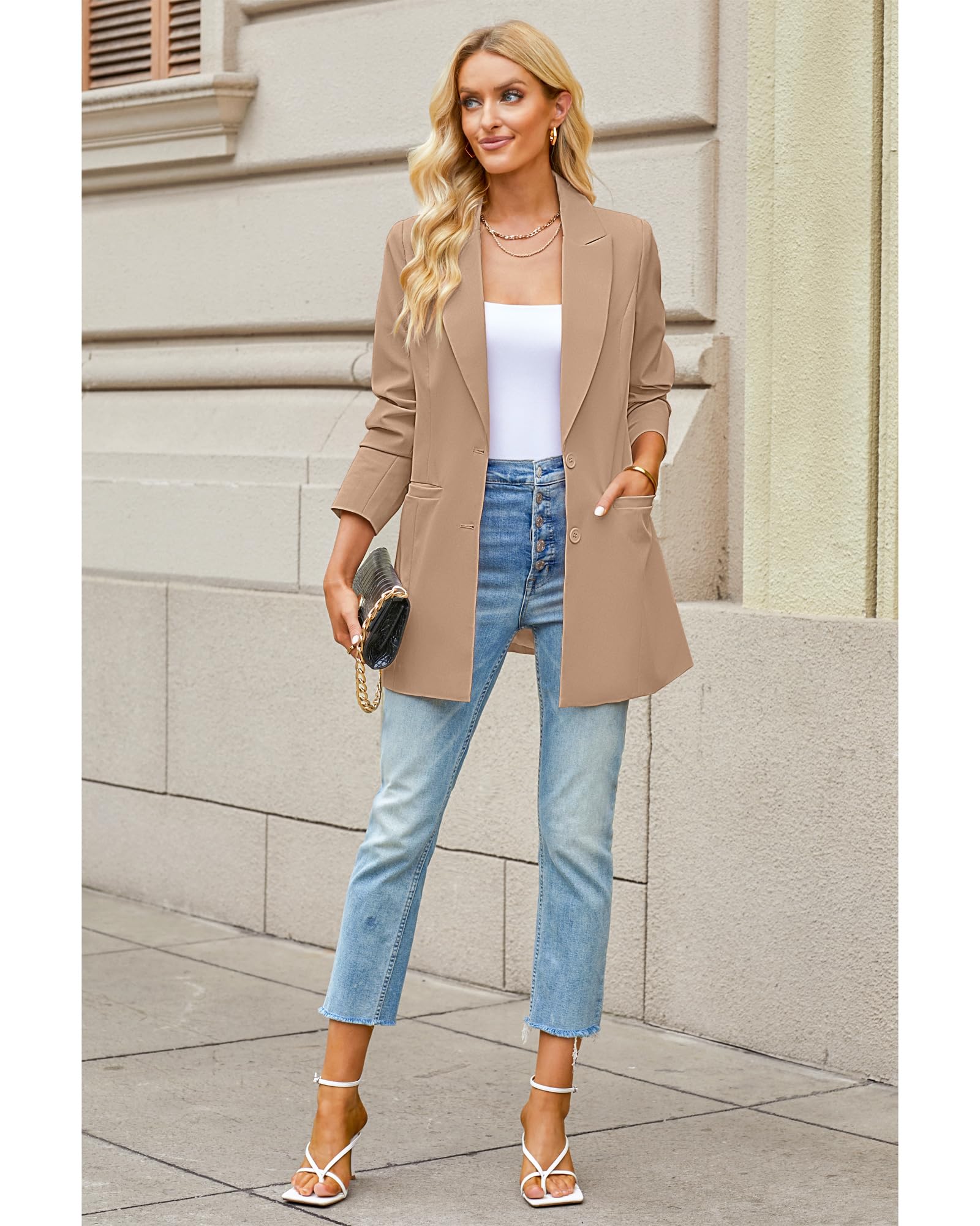 Luvamia Women's Business Casual Blazer Jacket - Professional Long Office Blazer with Lapel Pockets for Work, Interview & Formal Occasions