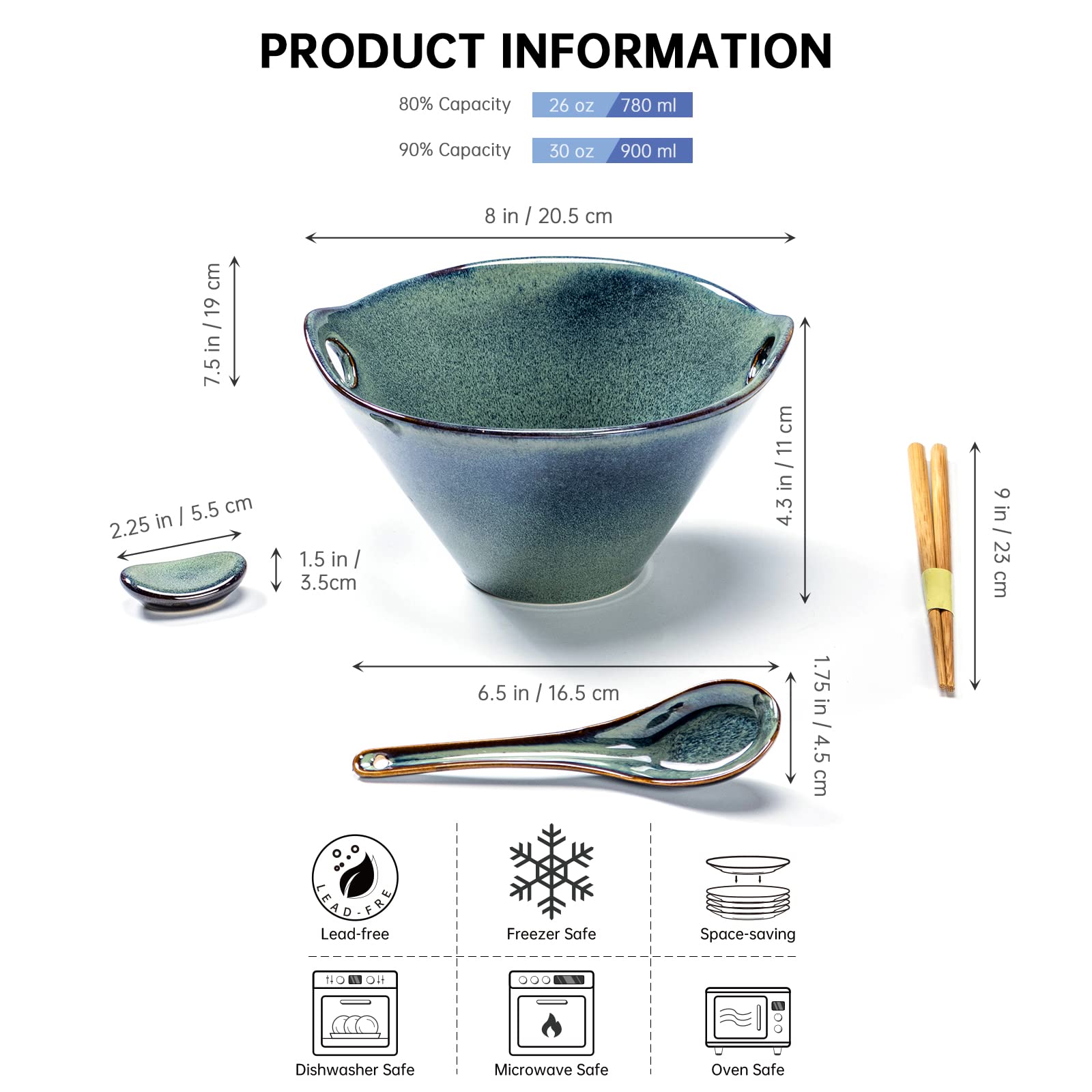 Henten 26oz Ceramic Ramen Bowls Set of 2 - Microwave Safe Japanese Noodle Bowls for Udon & Soup (Green)
