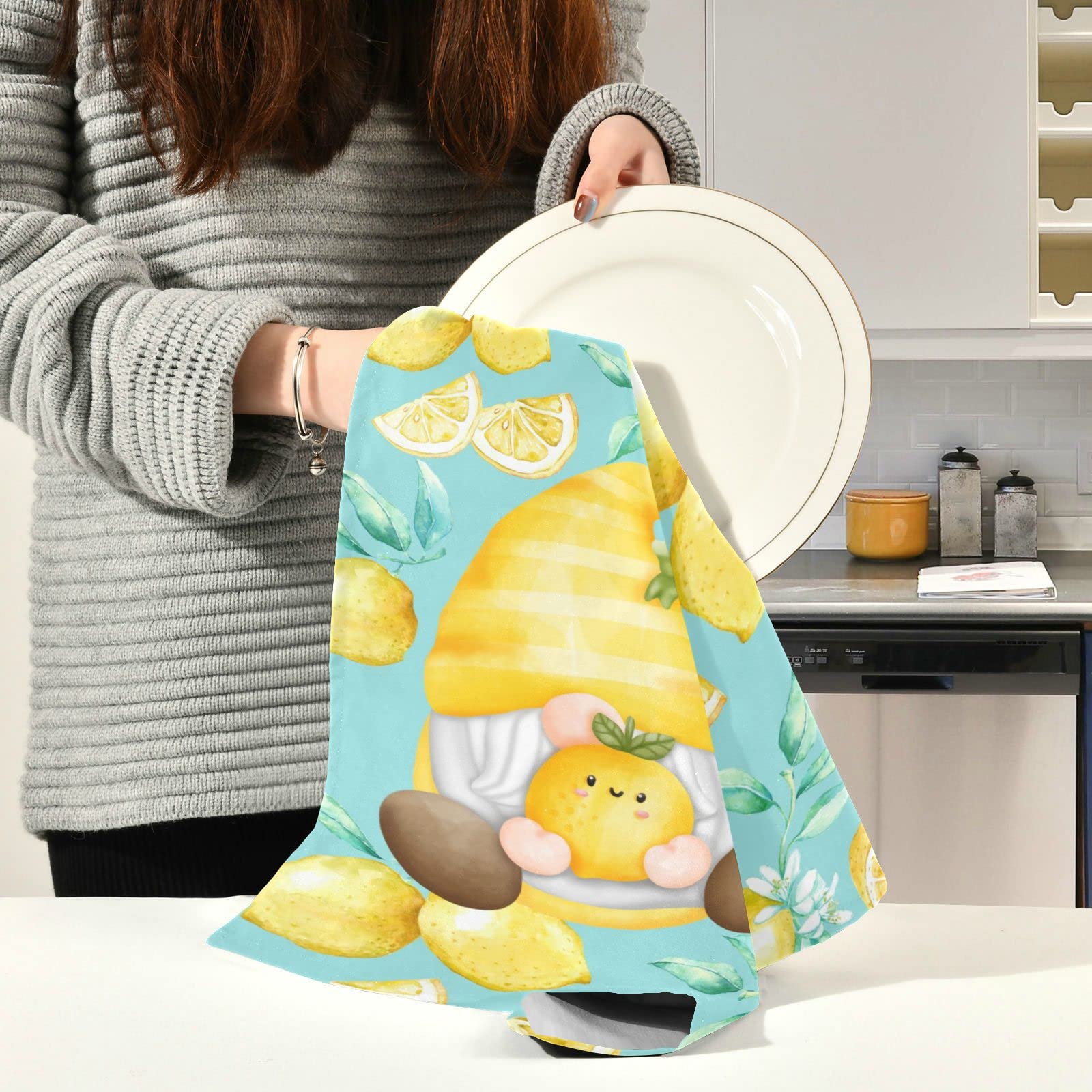 Gnome Lemon Teal Yellow Kitchen Towels Set of 4 - Super Absorbent Microfiber Dish Towels for Farmhouse Decor | Quick-Dry Hand Towels & Dishcloths for Kitchen Cleaning, Cooking & Hosting