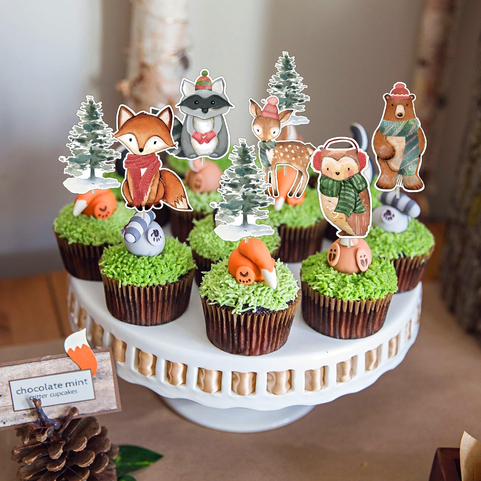 36PCS Winter Woodland Birthday Party Decorations - Baby Shower Cupcake Toppers, Woodland Creatures Theme Party Supplies for Christmas, Baby Shower, Winter Wonderland Theme Party Decor