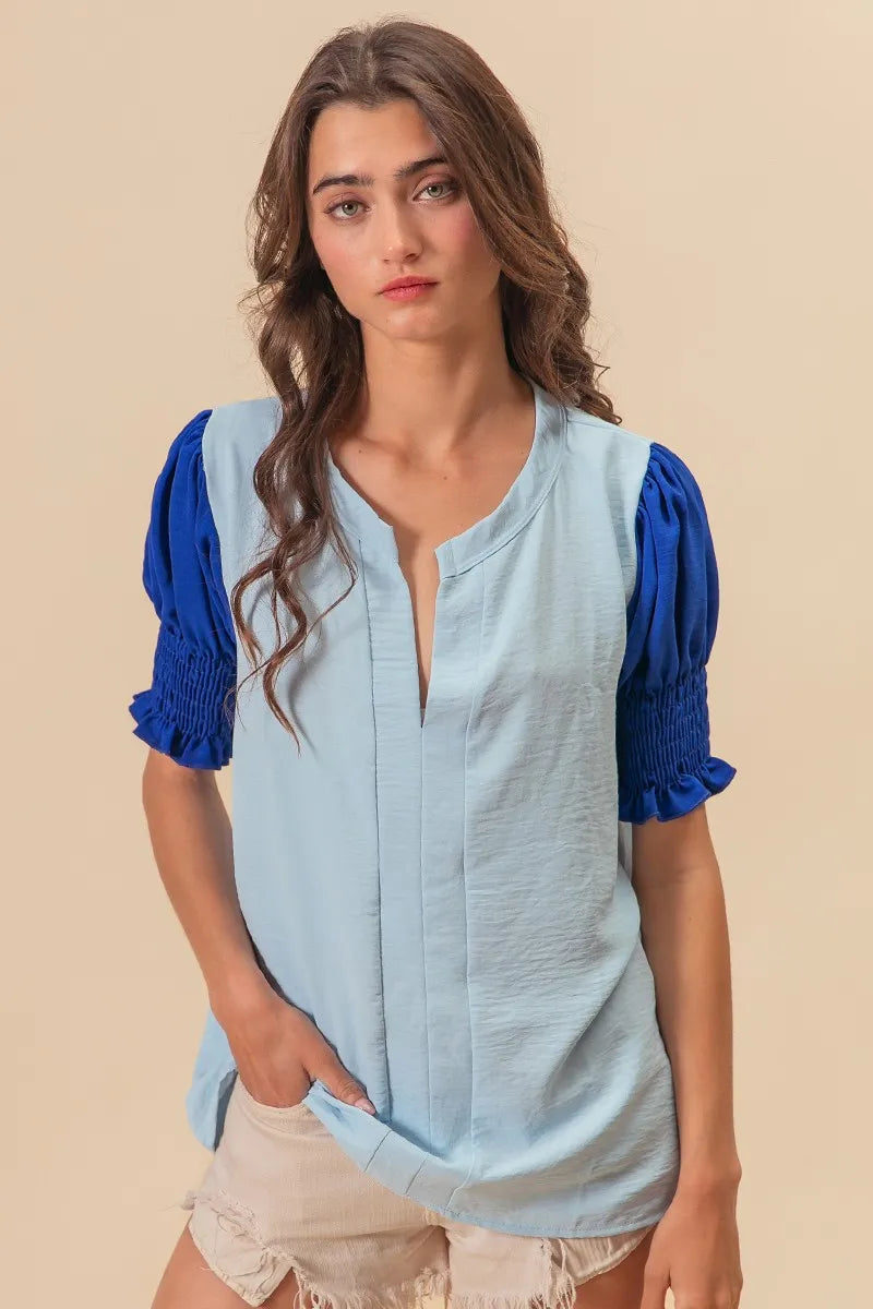 BiBi Air Flow Color Block Puff Sleeves V Neck Top - Breathable Summer Blouse for Women, Fashionable Casual Wear for Outings & Dates