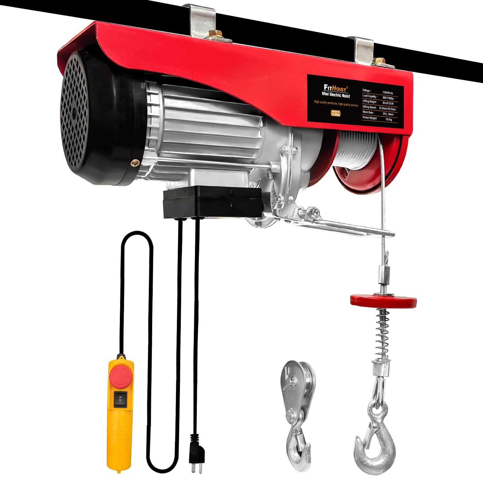 110V Electric Hoist Winch - 1760Lbs Capacity with Remote Control & Emergency Stop | 38ft Lifting Height for Single/Double Slings | Heavy Duty for Factories, Warehouses & Construction Sites | Perfect for Lifting Machinery, Building Materials & Equipment Installation