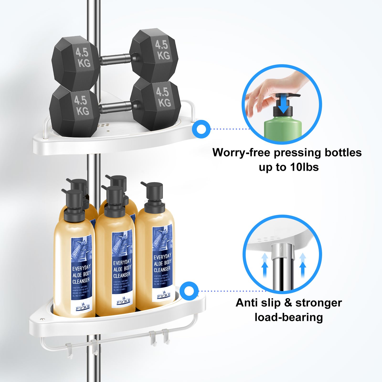 Adjustable Stainless Steel Corner Shower Tension Pole - 4 Tier Bathroom Shelf Organizer for Shampoo, Soap & Towels | Space Saving Shower Storage Solution for Small Bathrooms