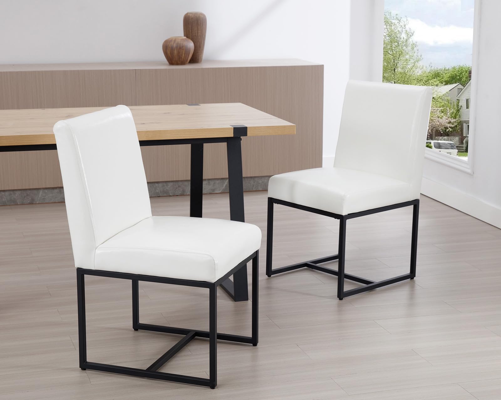 Modern PU Leather Kitchen Chairs Set of 2 - Comfortable Upholstered Dining Chairs with Black Metal Frame - White Contemporary Side Chairs for Kitchen, Dining Room, Breakfast Nook & Small Spaces