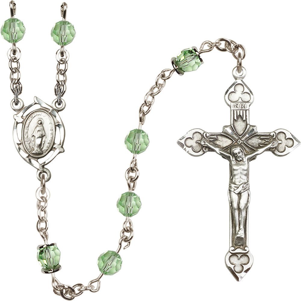 Bonyak Sterling Silver Rosary Necklace with 6mm Crysolite Beads, Our Father Beads & Crucifix (1 7/8