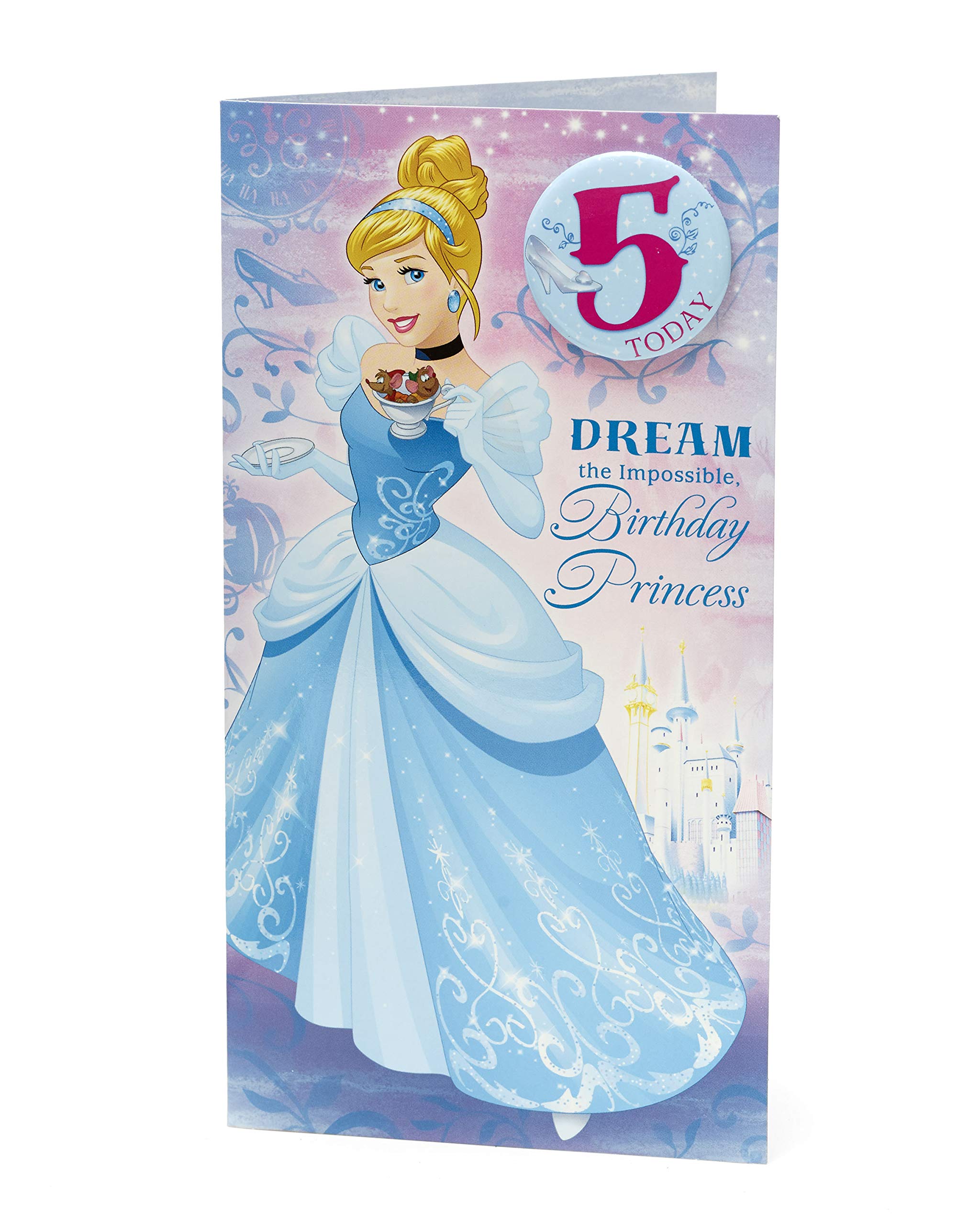 Princess Cinderella 5th Birthday Card with Badge - Disney Themed Greeting Card for 5 Year Old Girls - Perfect Gift for Birthday Parties, Celebrations & Special Moments