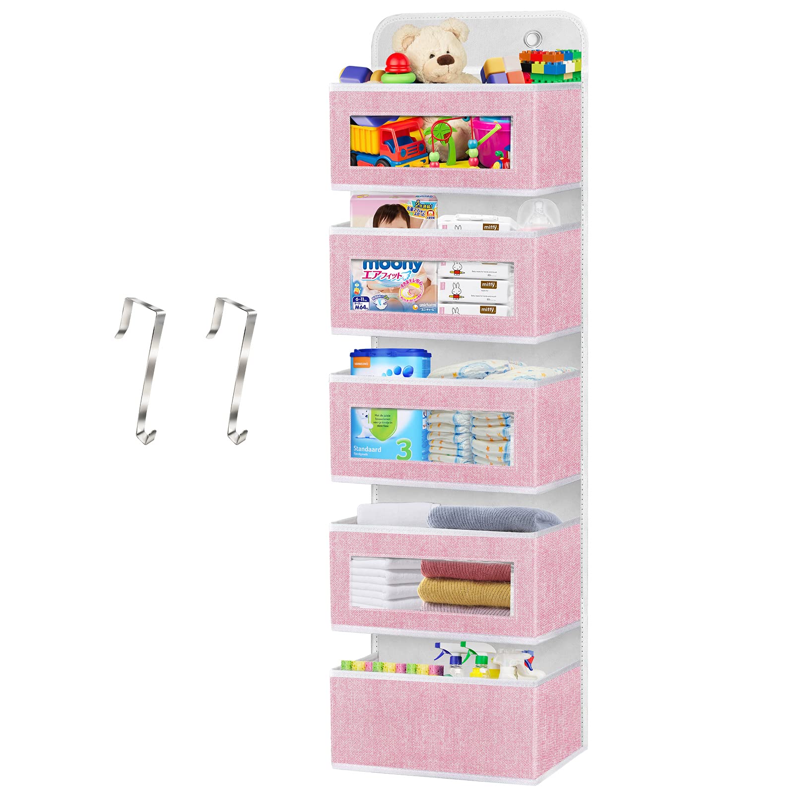 Homyfort Over The Door Organizer with 5 Large Pockets - Pink Wall Storage for Nursery, Girls Room, Pantry, Dorm, Bathroom & Closet | Space-Saving Solution for Home Organization & Decluttering