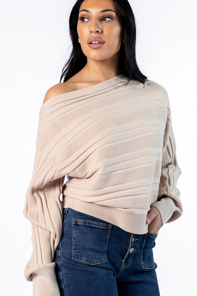 Feels Right Beige Off The Shoulder Ribbed Sweater for Women - Soft Knit Pullover Top for Fall & Winter - Perfect for Date Night, Office Wear and Casual Outings