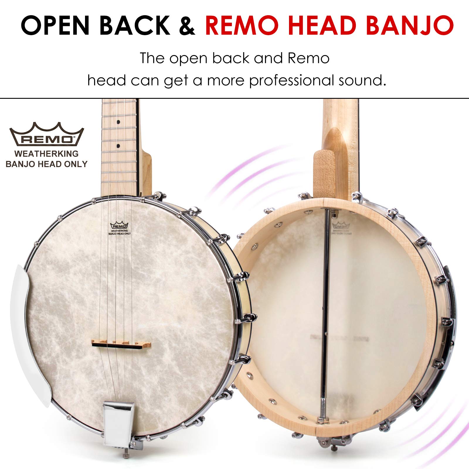 AKLOT 5-String Full Size Open Back Banjo - Professional Maple Body with Remo Head, Adjustable Neck - Includes 2 Tuning Wrenches, 4 Picks, Strings, Digital Tuner, Strap, Ruler & Cleaning Cloth with Gig Bag - Perfect for Beginners & Professionals - Ideal for Bluegrass, Folk Music & Live Performances