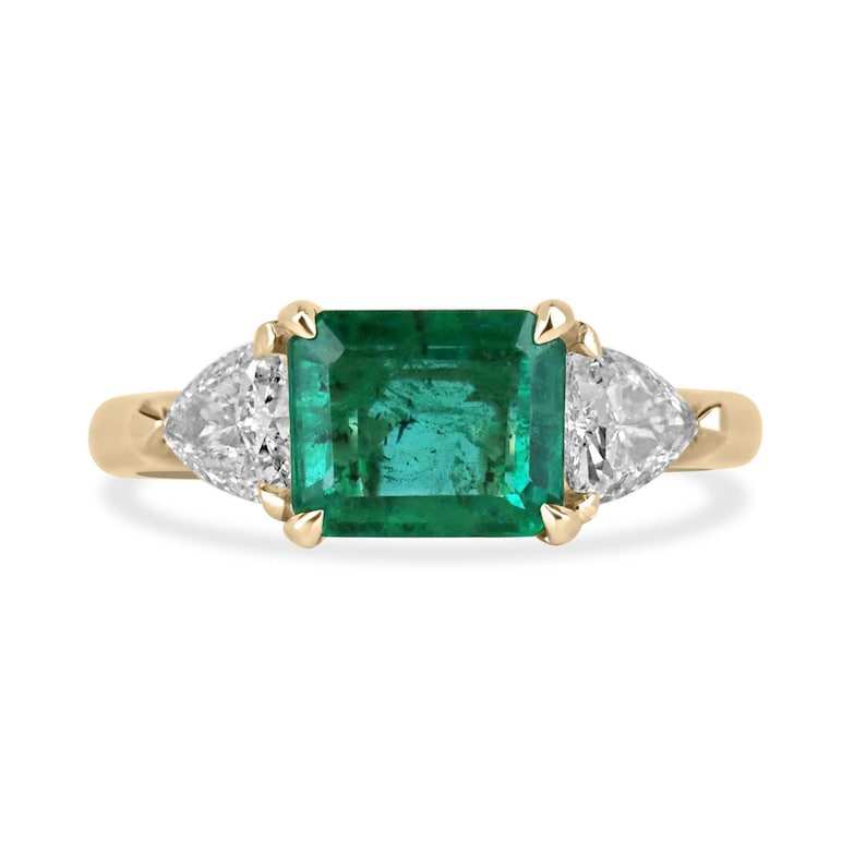 2.58tcw 14K Gold East West Emerald & Trillion Cut Diamond 3 Stone Ring - Elegant Vintage Style Jewelry for Women, Perfect for Engagement, Anniversary & Special Occasions