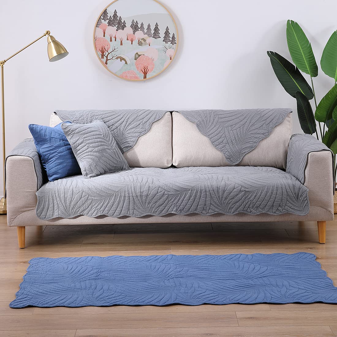 Vctops Leaf Embroidery Cotton Sofa Cover - Non-Slip Sectional Couch Slipcover for Pets, Fits L-Shaped & Recliner Couches (Grey, 43