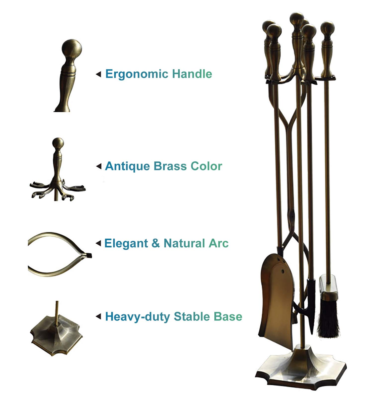 Antique Brass Fireplace Tool Set (5-Piece) - Wrought Iron Fireplace Accessories with Stand - Includes Tongs, Shovel, Brush & Poker - Perfect for Fireplace Maintenance & Home Decor