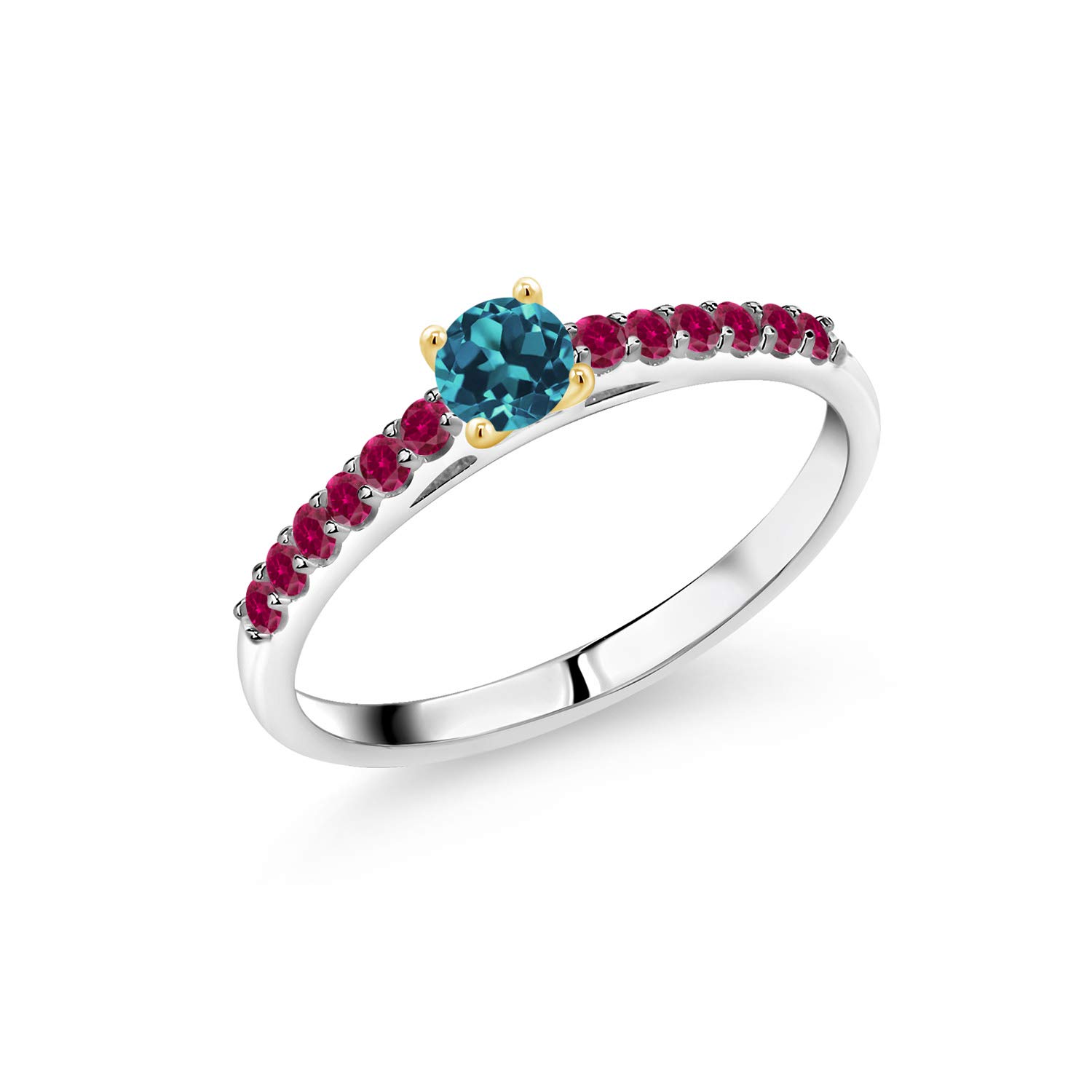 0.40 Ct London Blue Topaz & Red Created Ruby 925 Sterling Silver Ring with 10K Yellow Gold Prongs - Elegant Gemstone Jewelry for Women, Perfect for Engagement, Anniversary & Special Occasion Gifts