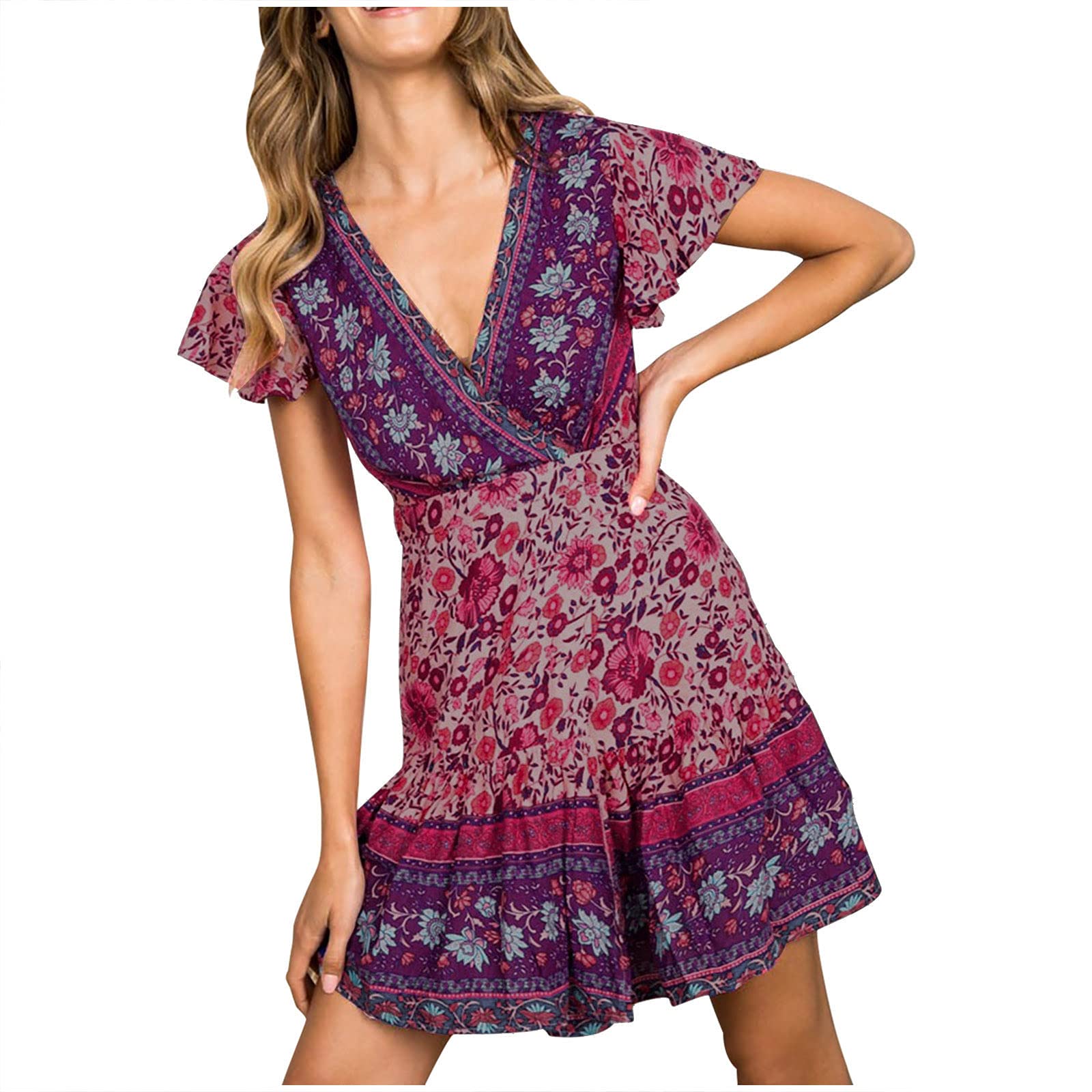 Women's Casual Loose Bohemian Dress - Summer Beach V-Neck High Waist Floral Print Vintage Dress for Wedding Guest | Perfect for Beach Vacations, Garden Parties & Casual Outings