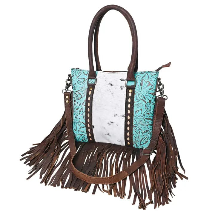 Stylish Leather Cowhide Fringe Turquoise Accent Purse - Perfect for Boho Fashion & Western Outfits
