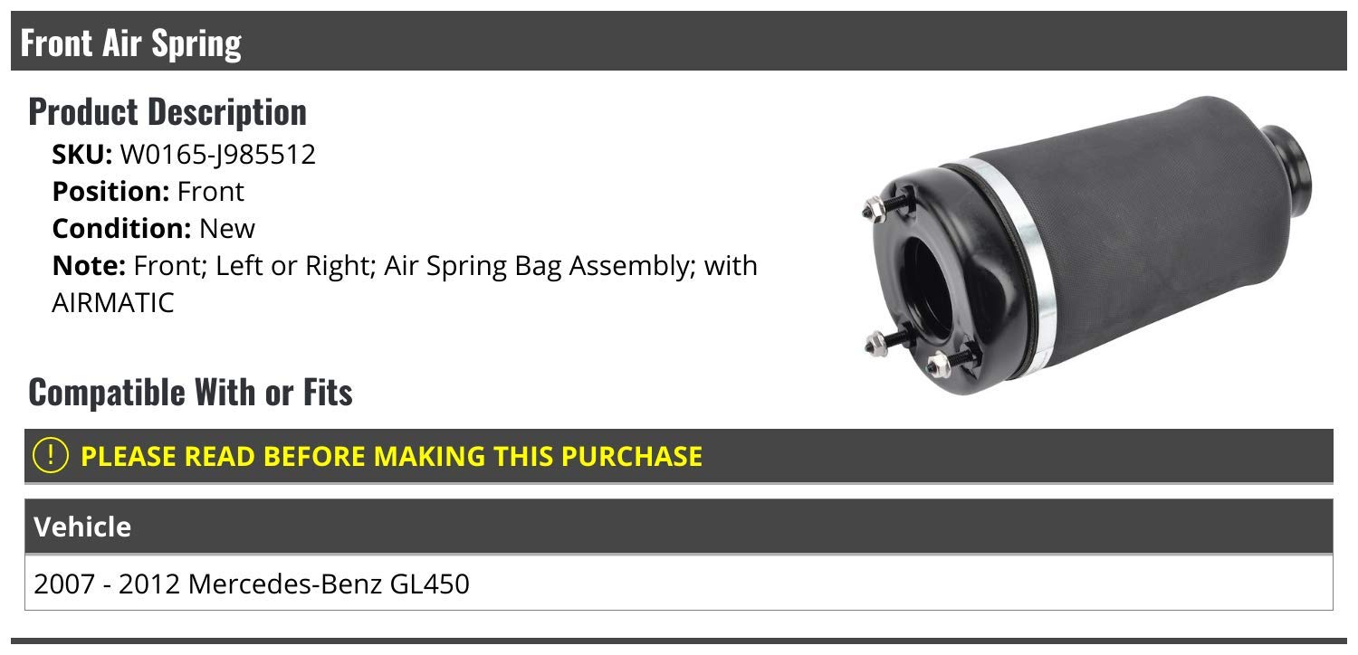 Mercedes Benz GL450 Air Spring Replacement - Front Left or Right Compatible with 2007-2012 Models with Airmatic Suspension | Improve Ride Comfort & Stability for Luxury SUV Driving