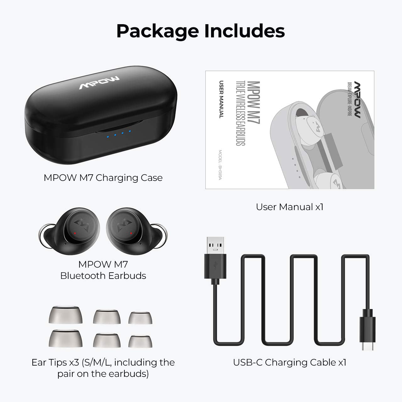 Mpow M7 True Wireless Earbuds with Deep Bass, Bluetooth 5.0, IPX7 Waterproof, 35H Playtime - L/R Mono & Stereo Modes for Running, Workout, Gym & Travel