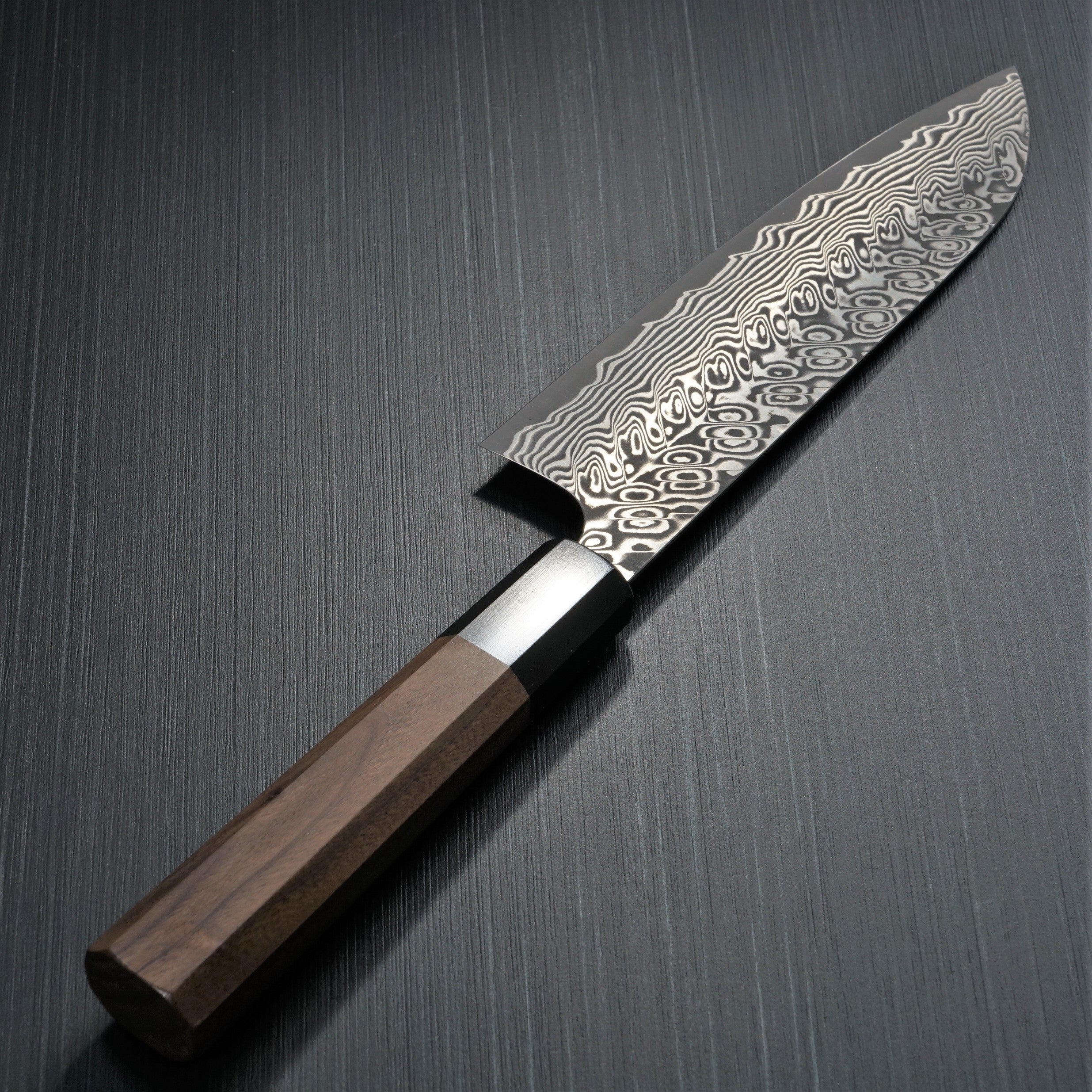 Premium Yoshimi Kato SG2 Super Gold 2 V-Shaped Black Damascus Santoku Knife with Water Buffalo Walnut Handle - Professional Japanese Kitchen Knife for Slicing, Dicing & Chopping Vegetables, Meat & Fish