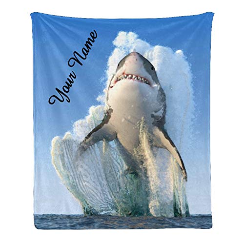 Custom Personalized Kids Fleece Blanket with Name - Jump Water Shark Design Baby Throw Blanket for Bed, Nursery, Couch (30