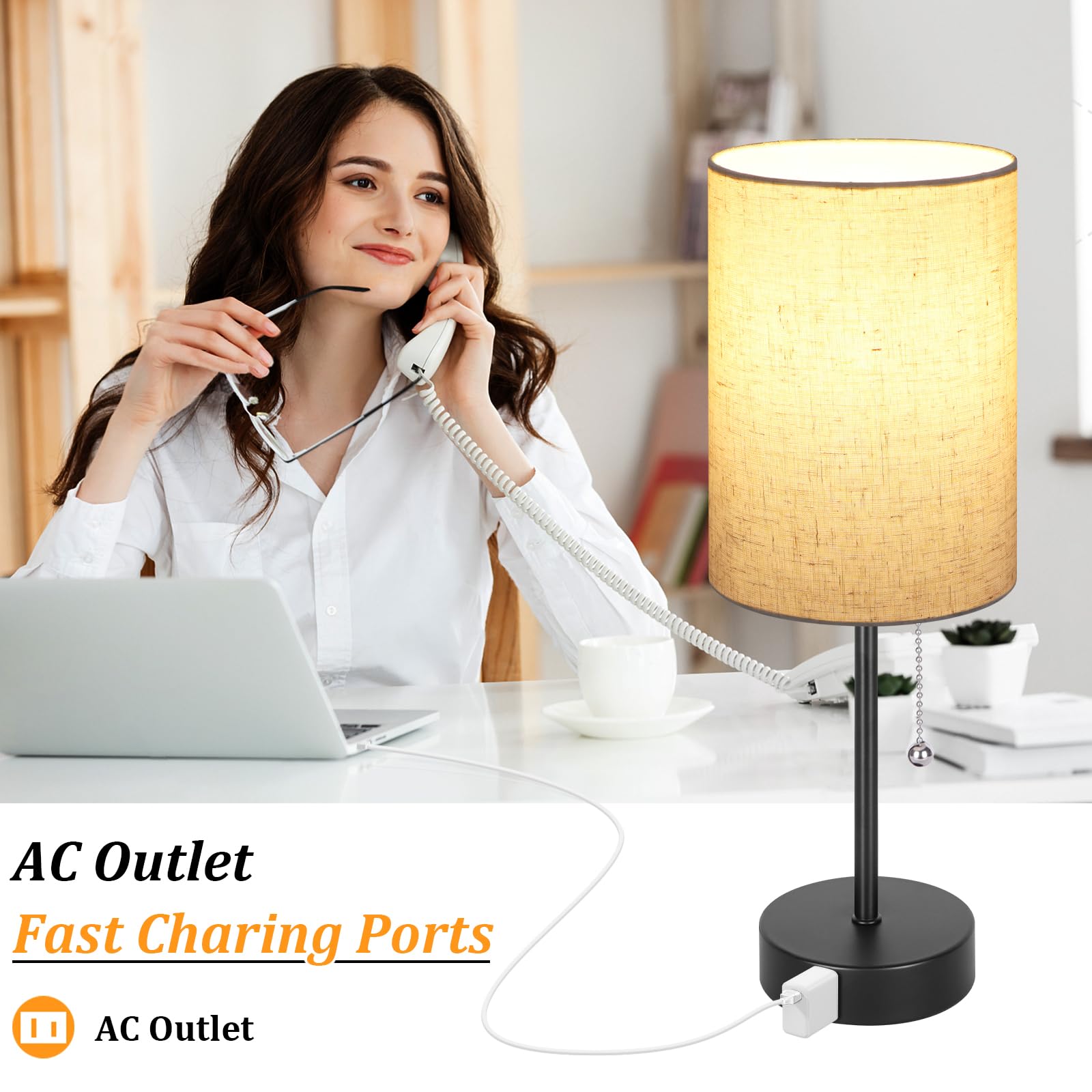 Dott Arts Set of 2 Modern Bedside Table Lamps with 3 Color Temperature Modes (2700K-5000K) & Built-in AC Outlet - Nightstand Lamps for Bedroom, Living Room, Office & Reading Nook - Perfect for Relaxation, Reading & Ambient Lighting