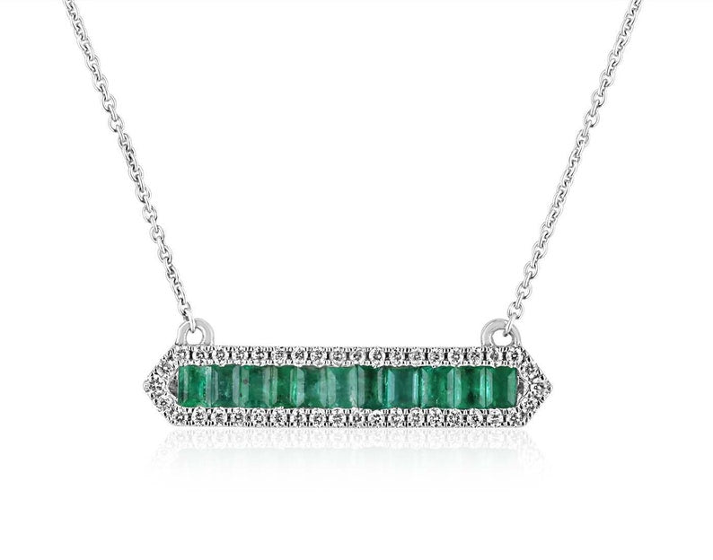 1.02tcw 14K White Gold Natural Emerald Cut Diamond Halo Bar Pendant Necklace with Lush Green Accents - Perfect for Weddings, Anniversaries & Special Occasions