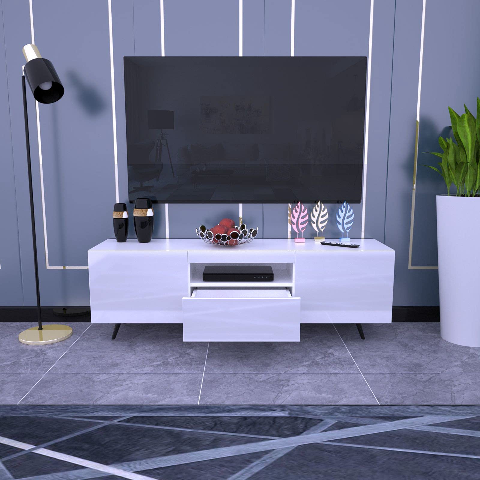 Modern White TV Stand for 70 Inch Television - Wood Entertainment Center with 2 Storage Cabinets & 1 Drawer - Perfect for Living Room, Holds Media Cable Box & Gaming Consoles - Stylish Home Furniture for Movie Nights & Gaming Sessions