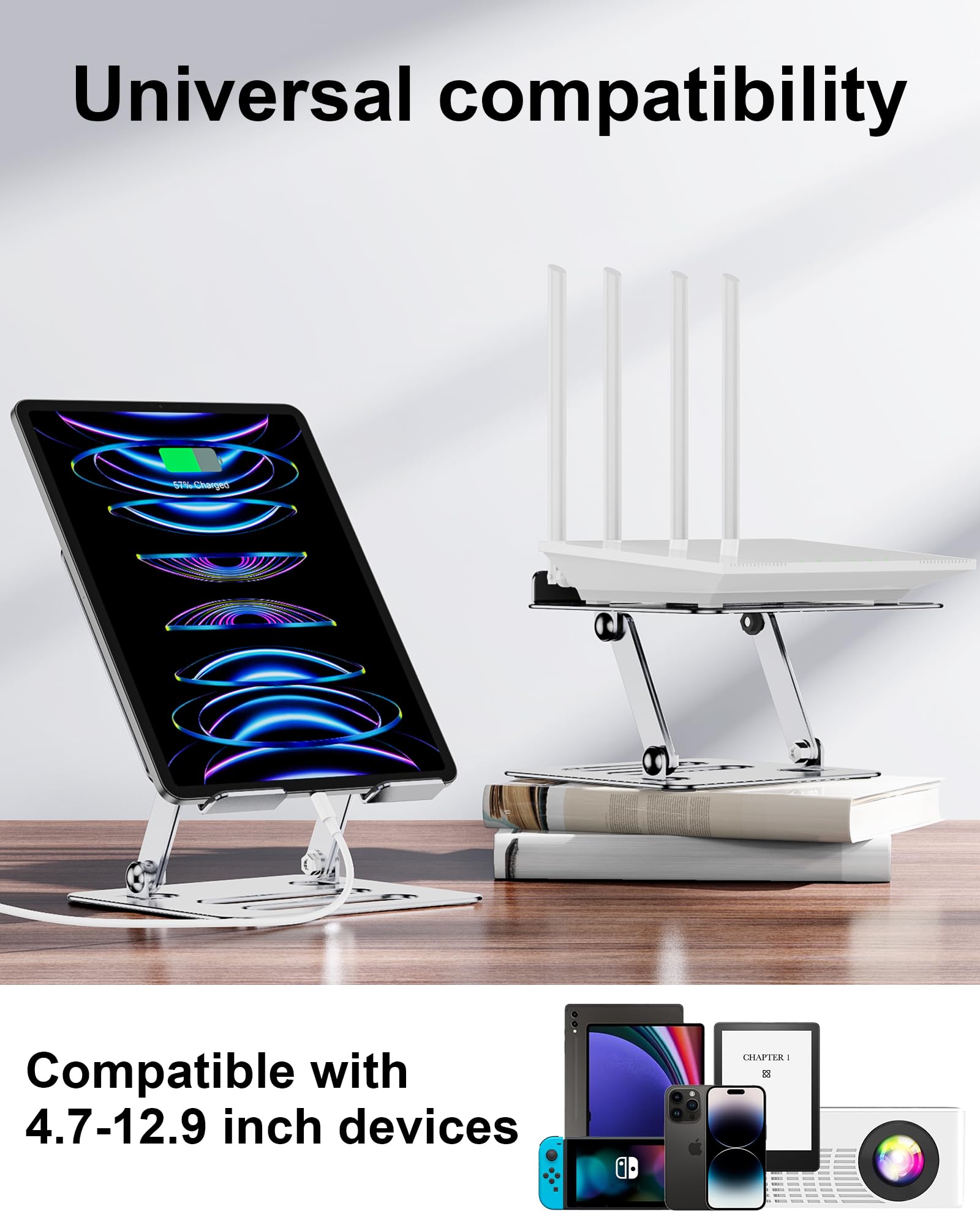 Adjustable Aluminum Tablet Stand Holder for iPad Pro/Air/Mini, Kindle & 4.7-12.9 Inch Tablets - Foldable & Portable Desk Stand for Work, Travel & Home Use (Silver)