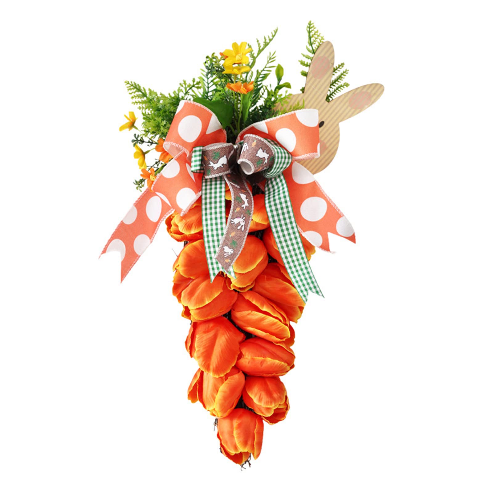 Easter Tulip Carrot Garland Wreath - Spring Floral Door Decor with Bunny Wooden Sign & Bow - Perfect for Home Festival, Easter Party & Garden Decoration - Unique Easter Gift Idea for Family & Friends