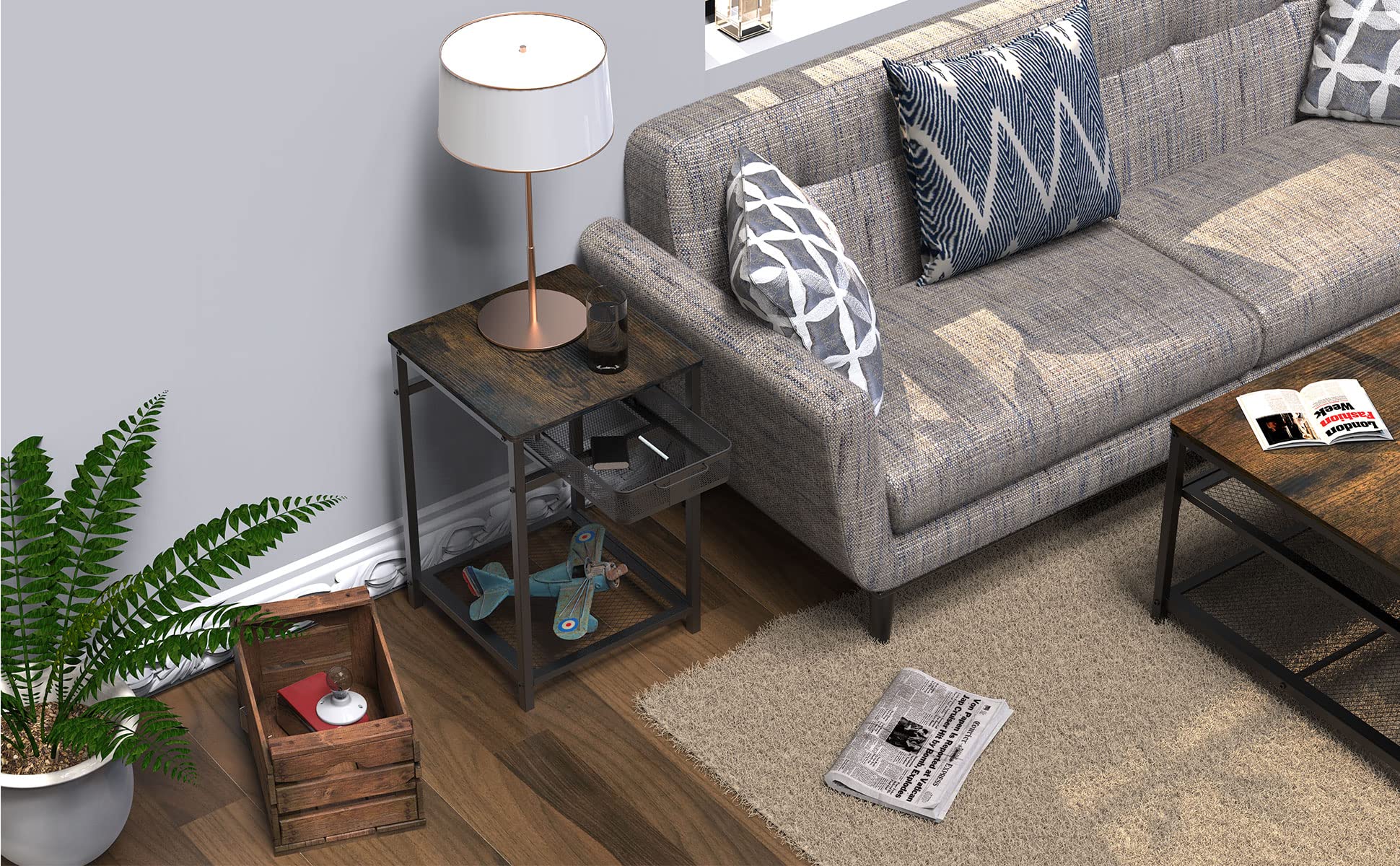 IANIYA Rustic Brown End Table with Grid Storage Drawer - Nightstand, Sofa Side Table for Living Room & Bedroom - Perfect for Small Spaces, Apartment Decor, and Coffee Table Organization