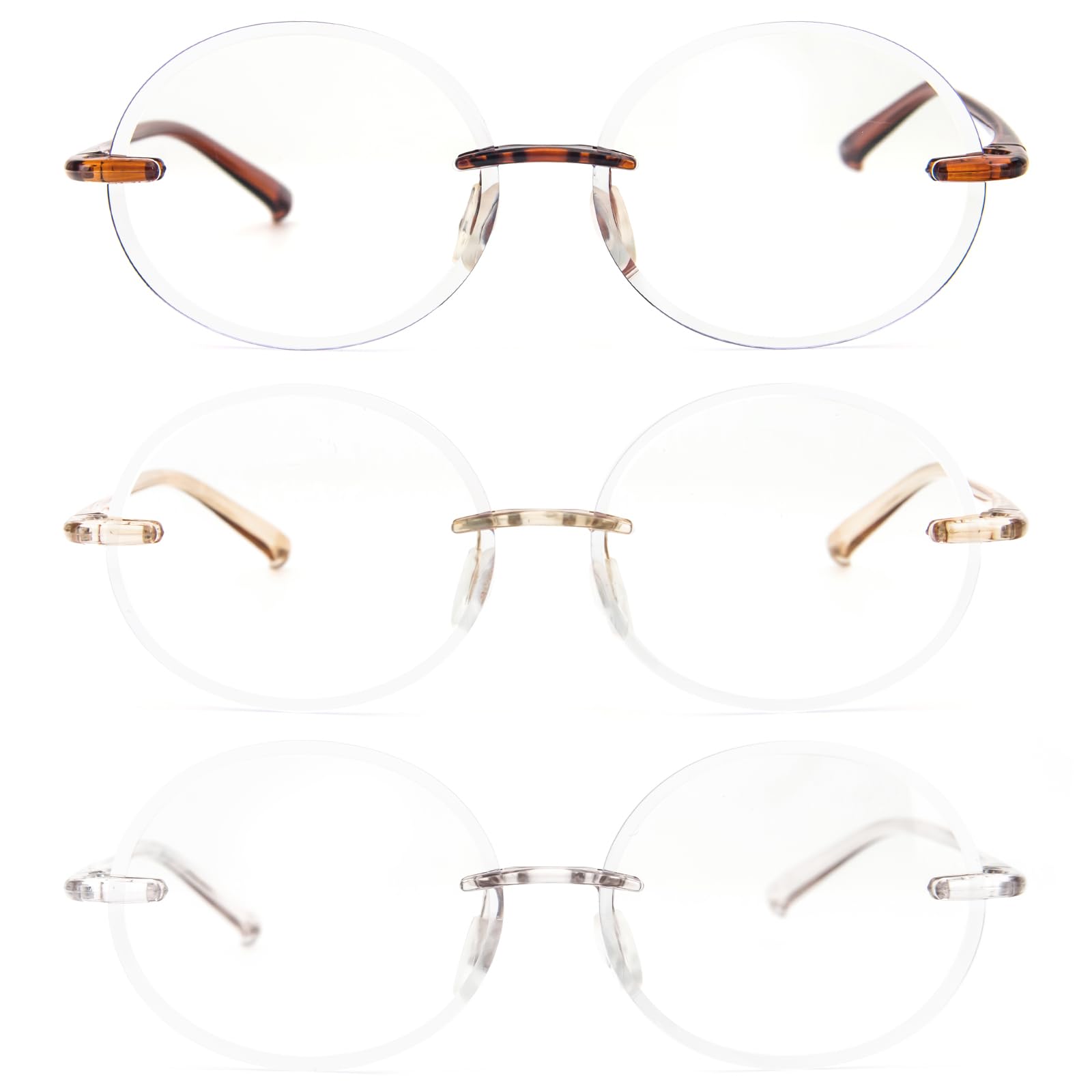 KoKoBin 3 Pack Rimless Round Reading Glasses - Blue Light Blocking Computer Glasses for Men & Women - Anti-Eye Strain for Office Work, Gaming & Screen Time