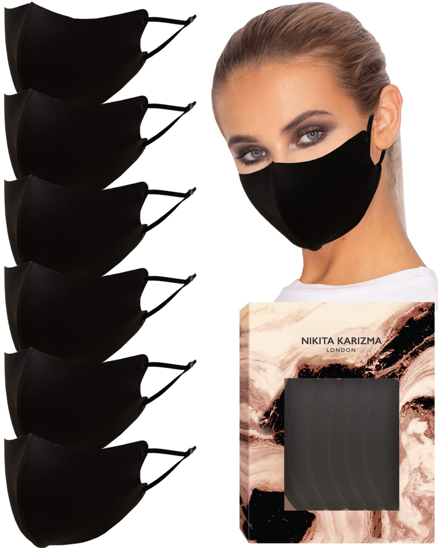 KARIZMA 6-Pack Soft Black Washable Face Masks for Women - Adjustable Ear Loops, Reusable & Breathable Fabric - Perfect for Daily Use, Travel, and Outdoor Activities