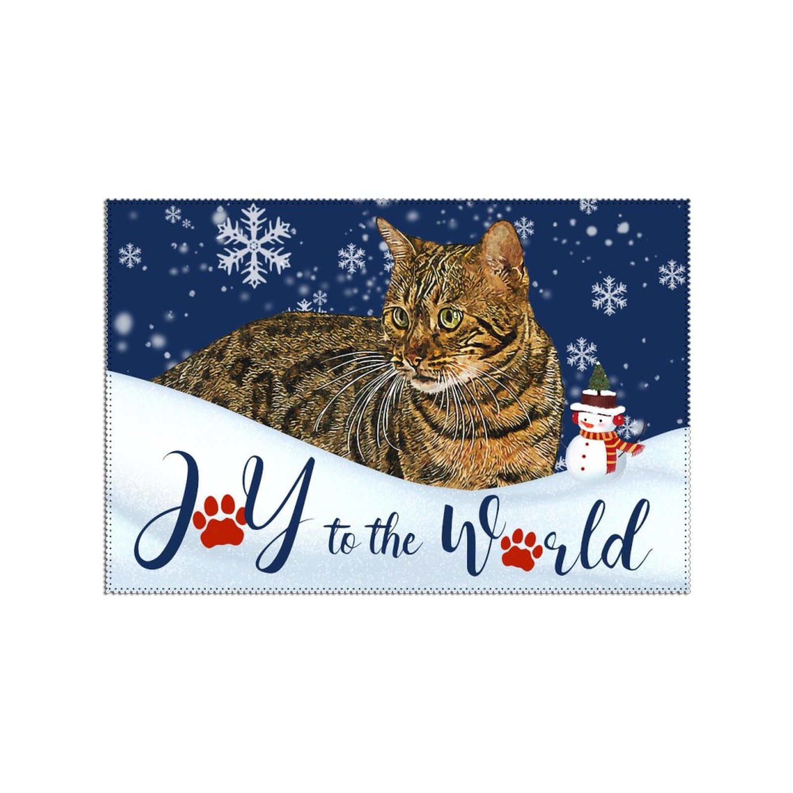 Joy to The World Winter Snowmen Cat Boho Place Mats - 12x18 Inch Washable Oxford Fabric Dining Table Mats - Elegant & Durable Kitchen Placement for Holiday Decor, Christmas Dinner, and Everyday Use