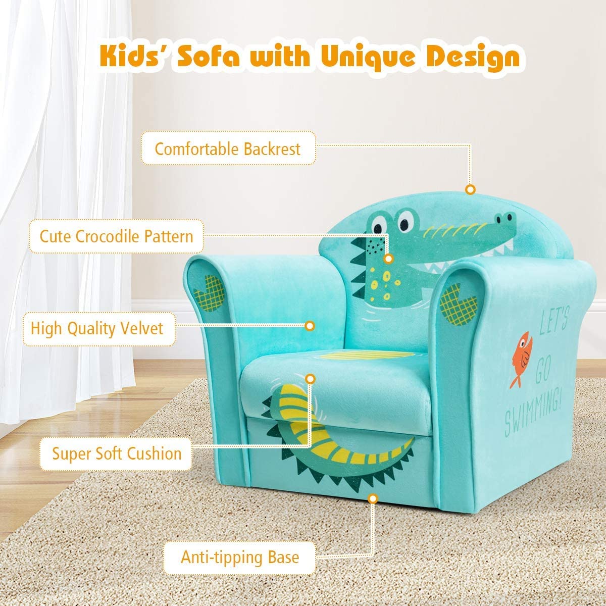 Fireflowery Kids Sofa with Cartoon Pattern - High Back Armrest Chair for Toddlers, High-Resilience Sponge Cushion, Lightweight Children's Furniture for Boys & Girls (Blue) - Perfect for Playroom, Bedroom & Nursery Decor