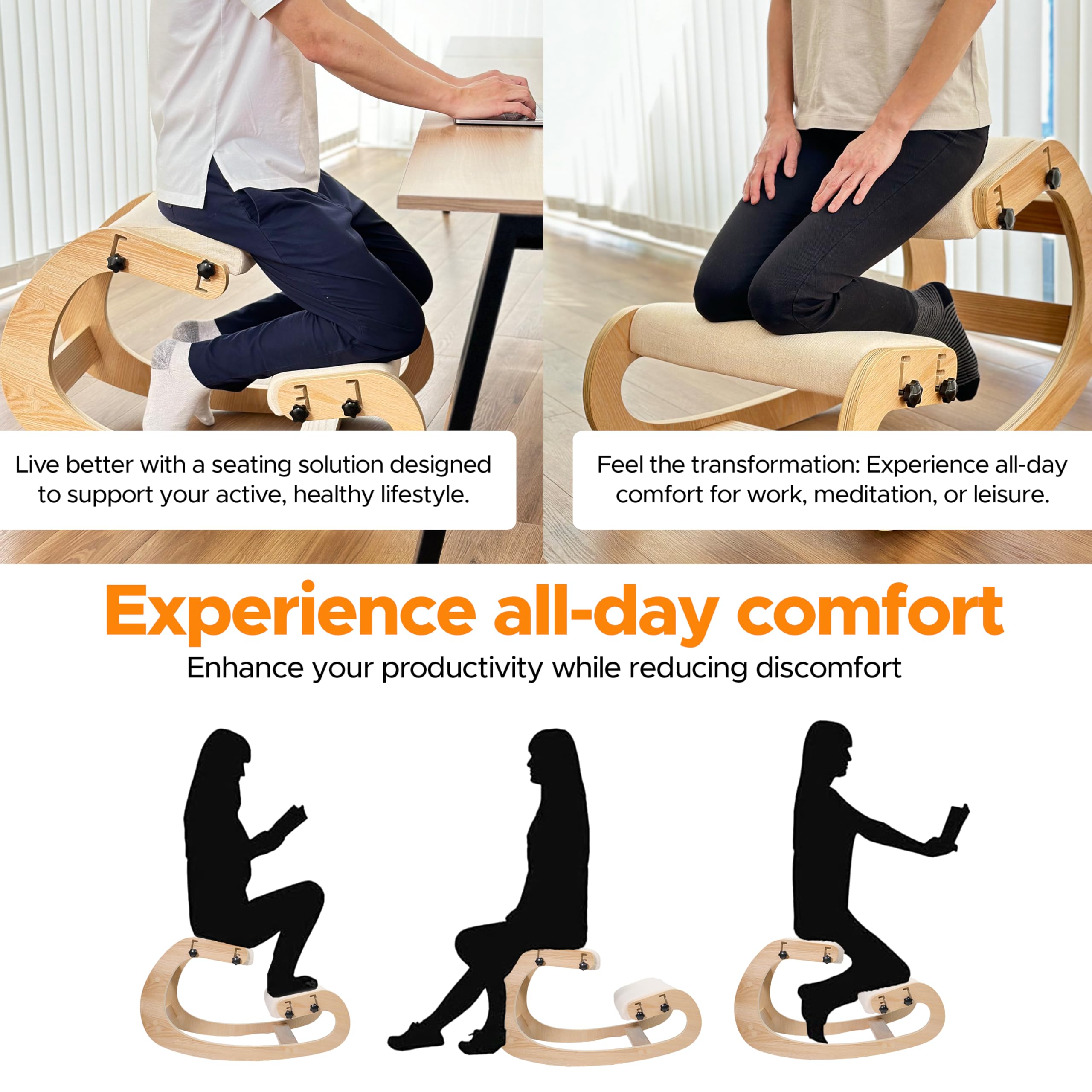 Ergonomic Adjustable Kneeling Chair for Back Pain Relief - Office Desk Posture Stool with Multiple Height Settings - Improves Posture & Comfort - Perfect for Home Office, Gaming & Meditation