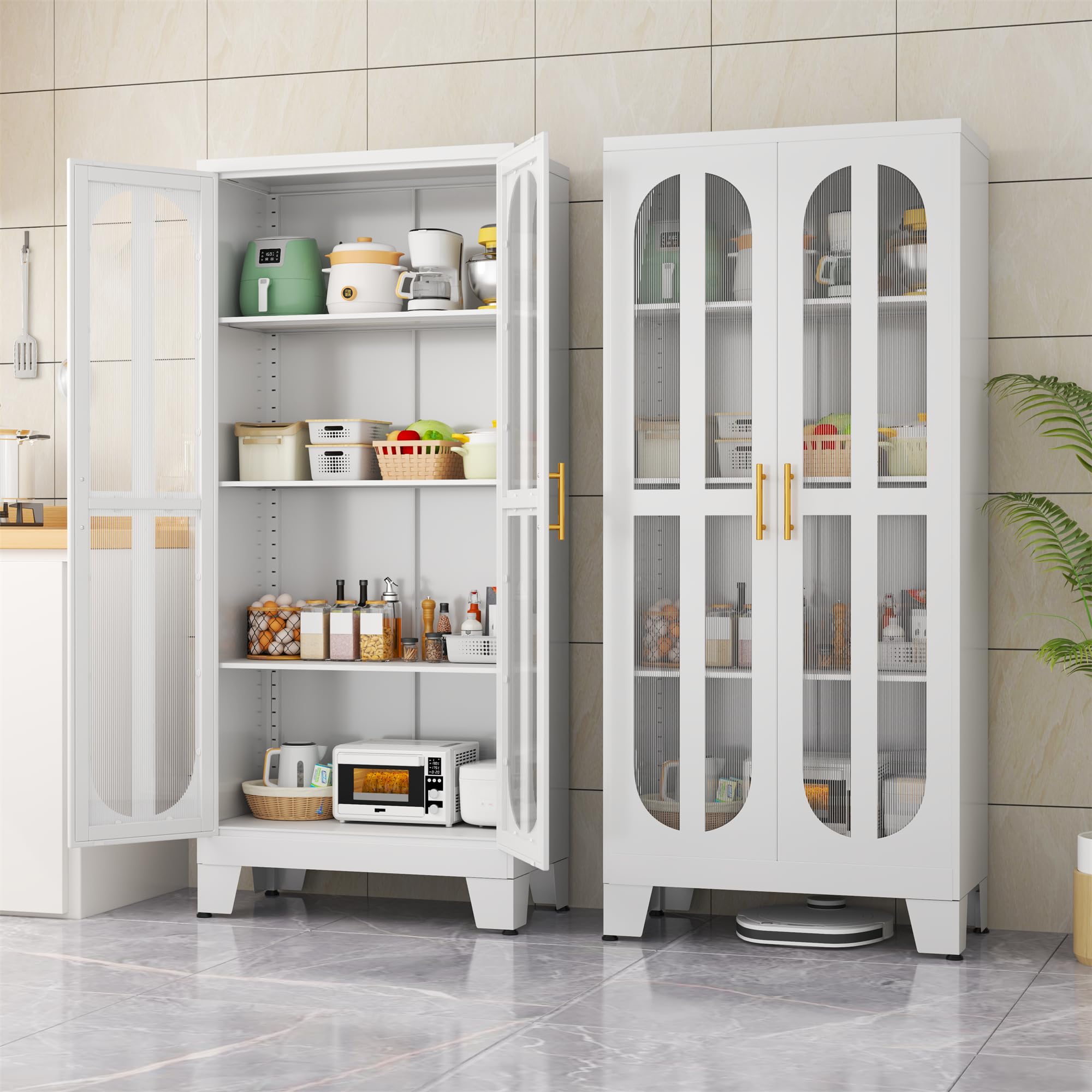 Stainless Steel Kitchen Pantry Storage Cabinet with Acrylic Glass Doors & Adjustable Shelves - 61.02