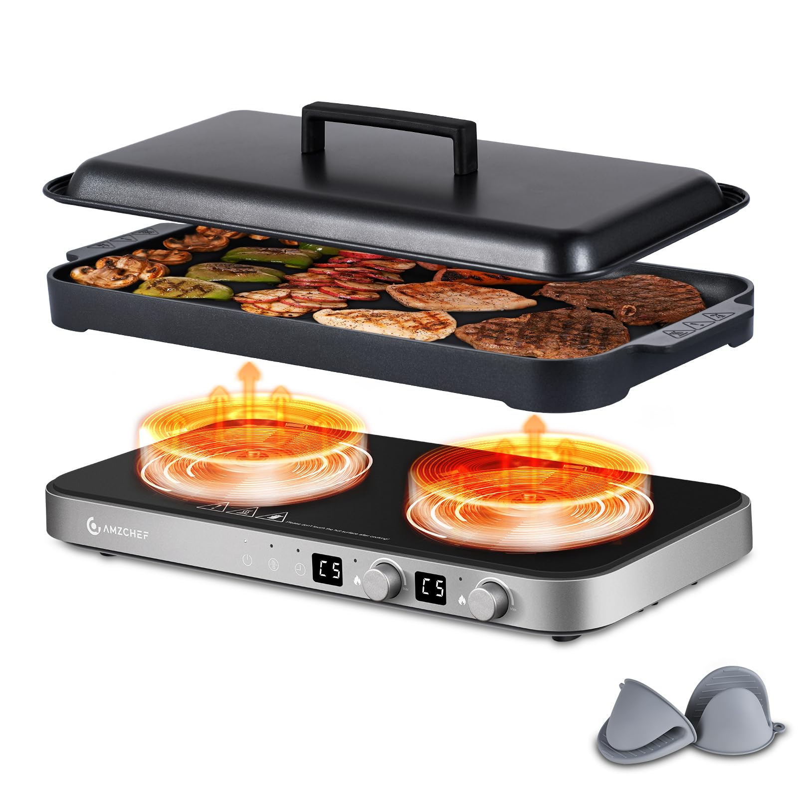 AMZCHEF 1800W Double Induction Cooktop with Removable Non-Stick Griddle Pan - 2 Burner Portable Induction Stove with Sensor Touch, 9 Power Levels & 99 Min Timer - Perfect for Kitchen, RV, Camping & Dorm Cooking (Iron Grey)
