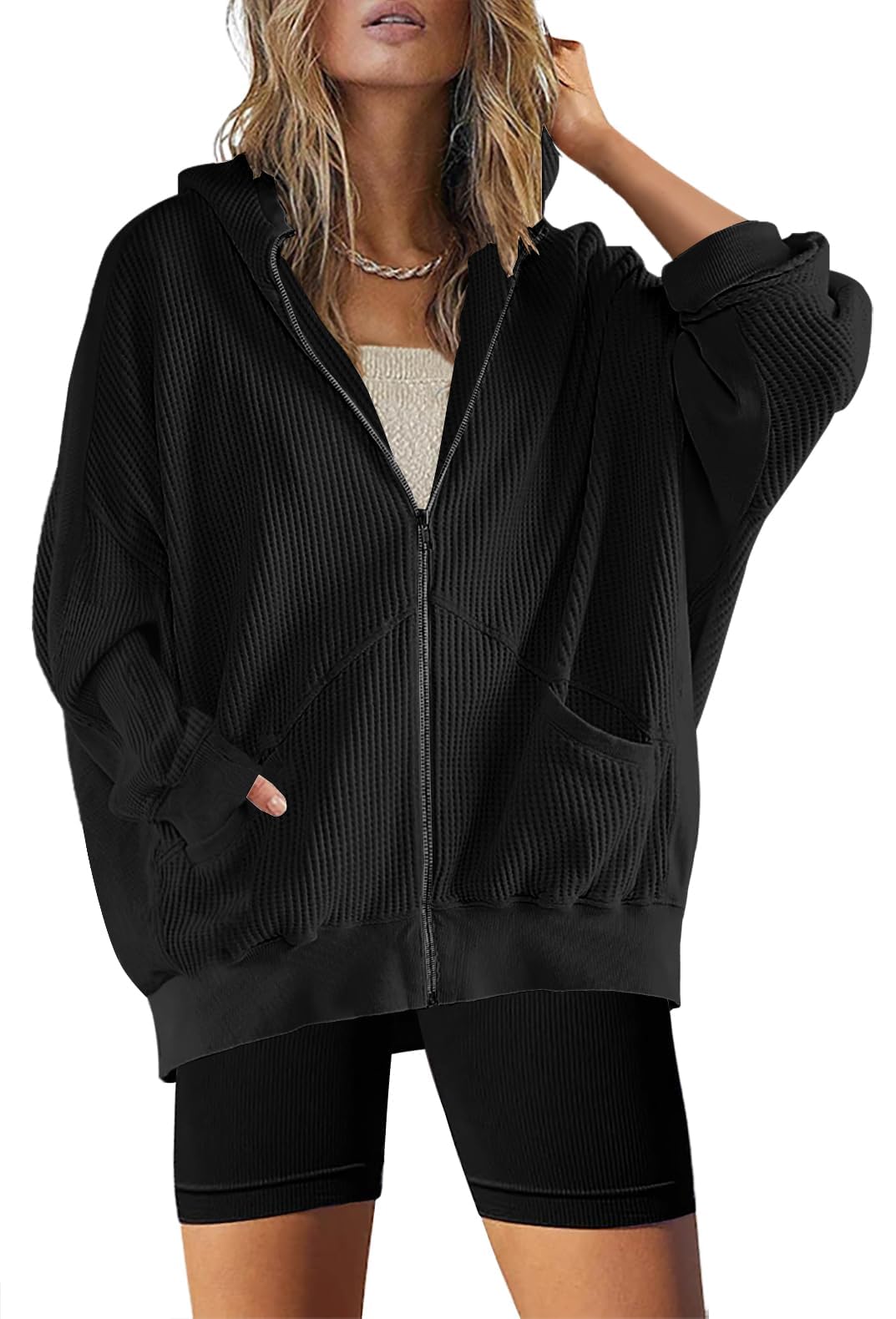 Women's Oversized Waffle Knit Zip Up Hoodie Jacket - Long Sleeve Shacket Blouse with Pockets - Casual Loungewear & Streetwear Fashion for Fall/Winter