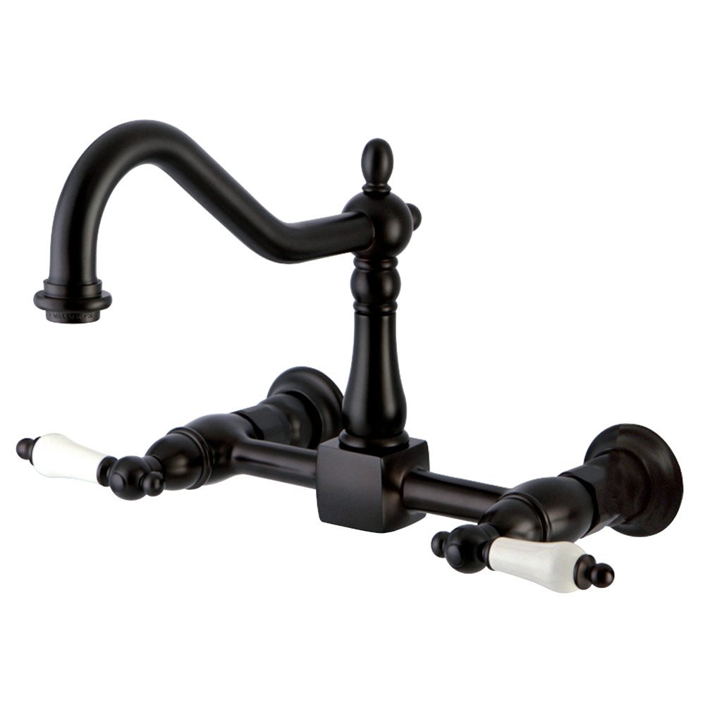 Elements of Design ES1245PL 8-Inch Oil Rubbed Bronze Wall Mount Kitchen Faucet with Porcelain Lever Handle - Perfect for Farmhouse, Vintage, and Industrial Style Kitchens