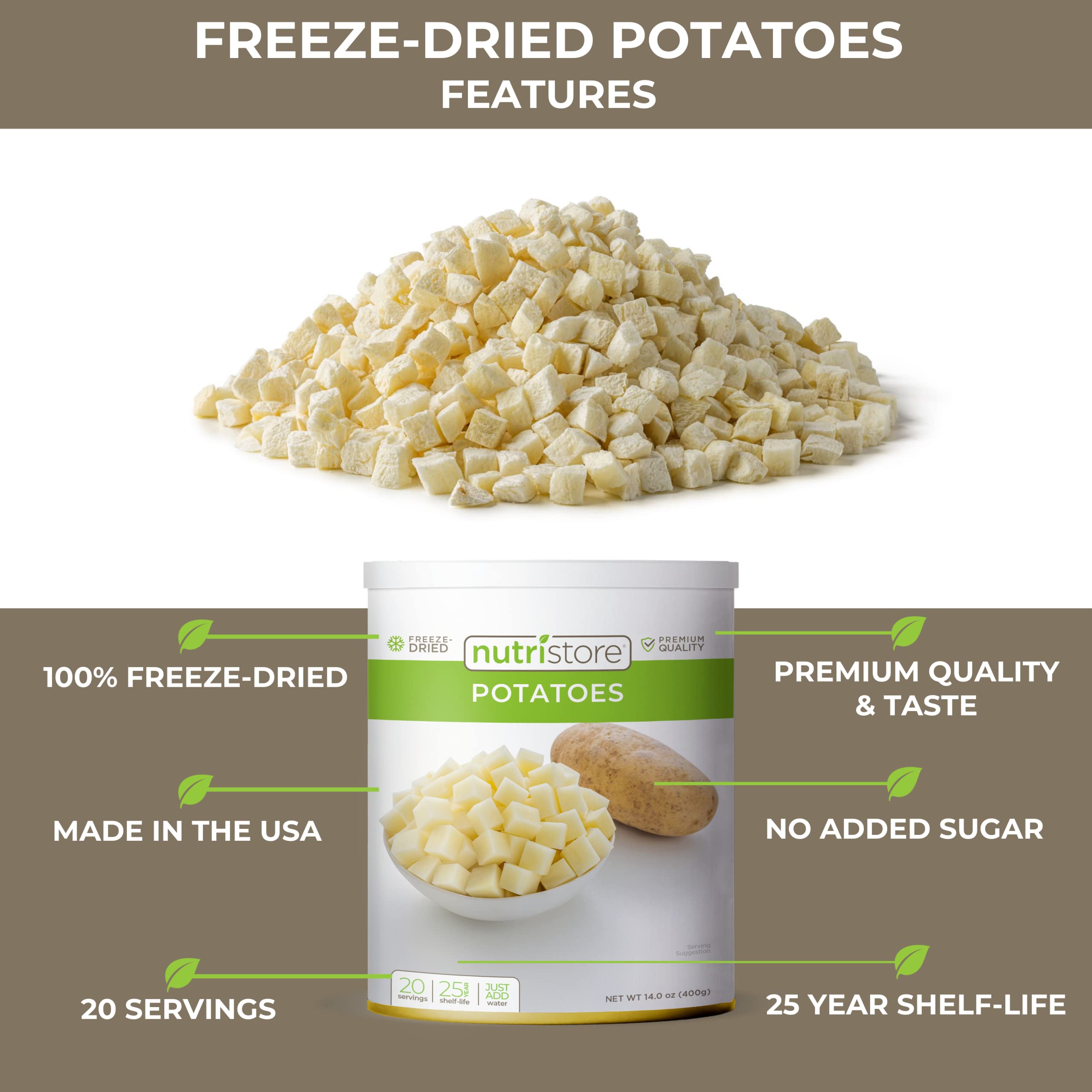 Nutristore Freeze Dried Potatoes 4 Pack - 80 Servings | Healthy Emergency Food Storage with 25 Year Shelf Life | Lightweight Camping & Survival Food for Hiking, Backpacking, and Disaster Preparedness