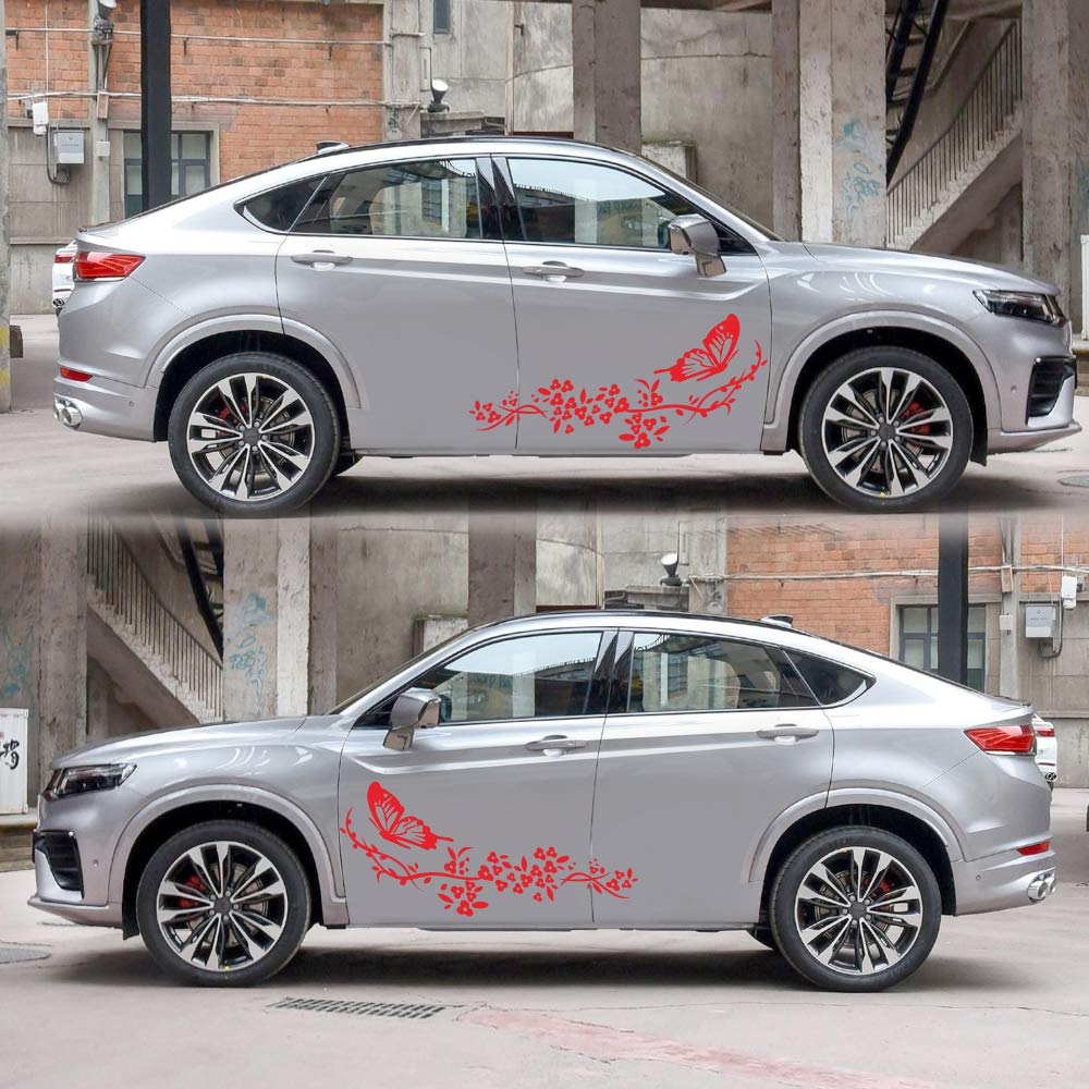 Butterfly Flower Car Stickers - Red Vinyl Decals for Both Car Body Sides | Waterproof & UV Resistant | Perfect for Personalizing Your Vehicle, Truck, or SUV