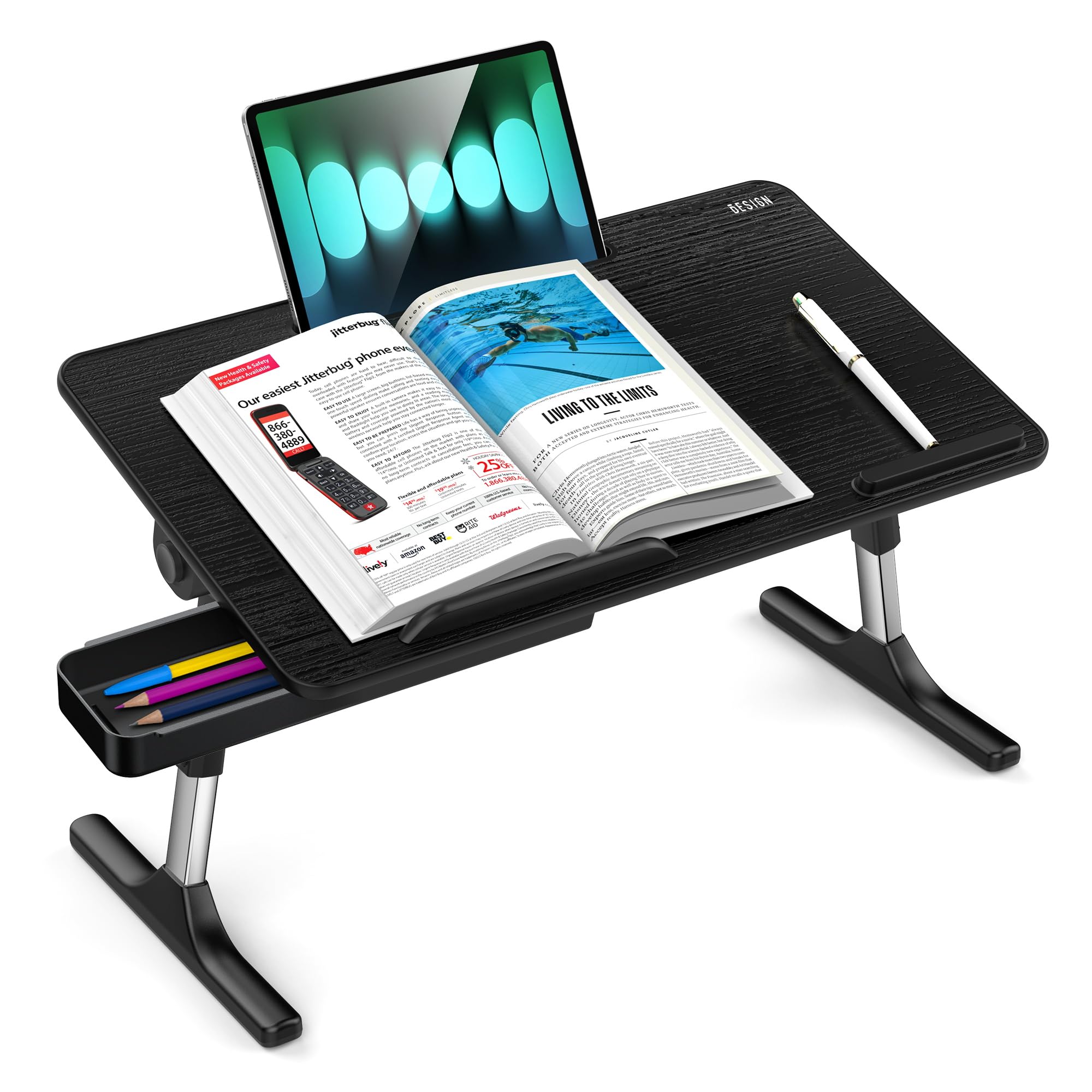 Besign LT05 Adjustable Laptop Stand - Portable Lap Desk for Bed, Sofa & Office - Foldable Computer Table for Working, Reading & Breakfast in Bed - Medium Size Black Workspace Solution