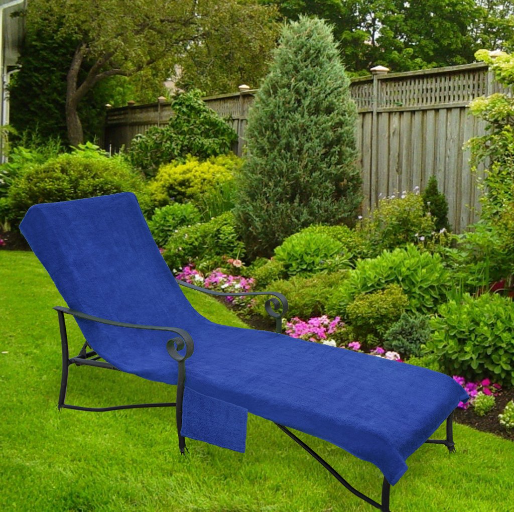 1000-Gram Waterproof Pool Chaise Lounge Chair Cover with 10-Inch Slip-on Back & Side Pocket - Heavy Duty Blue Outdoor Furniture Protector for Poolside, Patio, and Beach Use