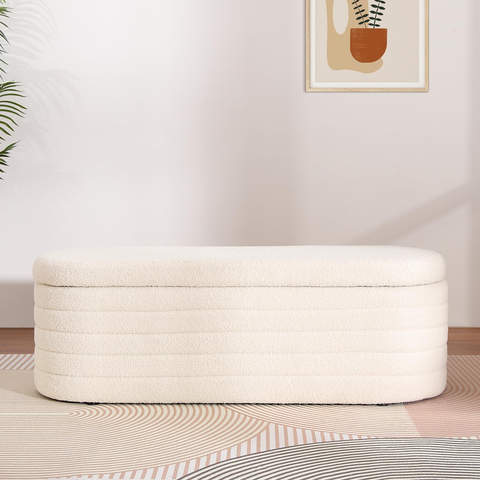 Modern Sherpa Upholstered Teddy Storage Ottoman Bench - White Oval Entryway Bench for Living Room, Bedroom & End of Bed | Multi-Functional Storage Seat with Soft Fabric for Home Decor & Organization