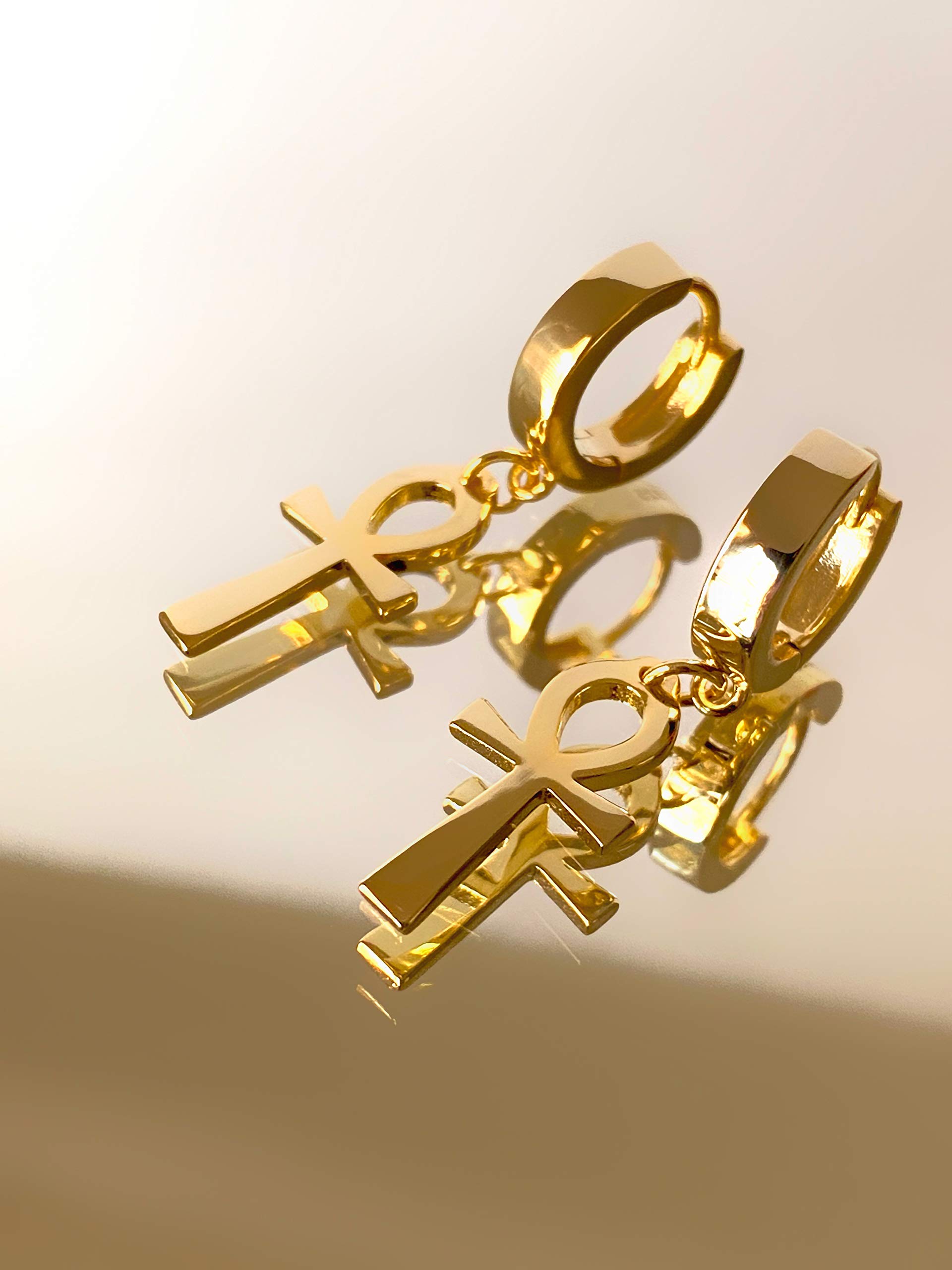 14K Gold Over Silver Ankh Cross Hoop Earrings for Men & Women - Iced Out Stud Earrings with Latch Lock | Hip Hop Jewelry, Gift for Him/Her, Perfect for Parties, Concerts & Everyday Wear